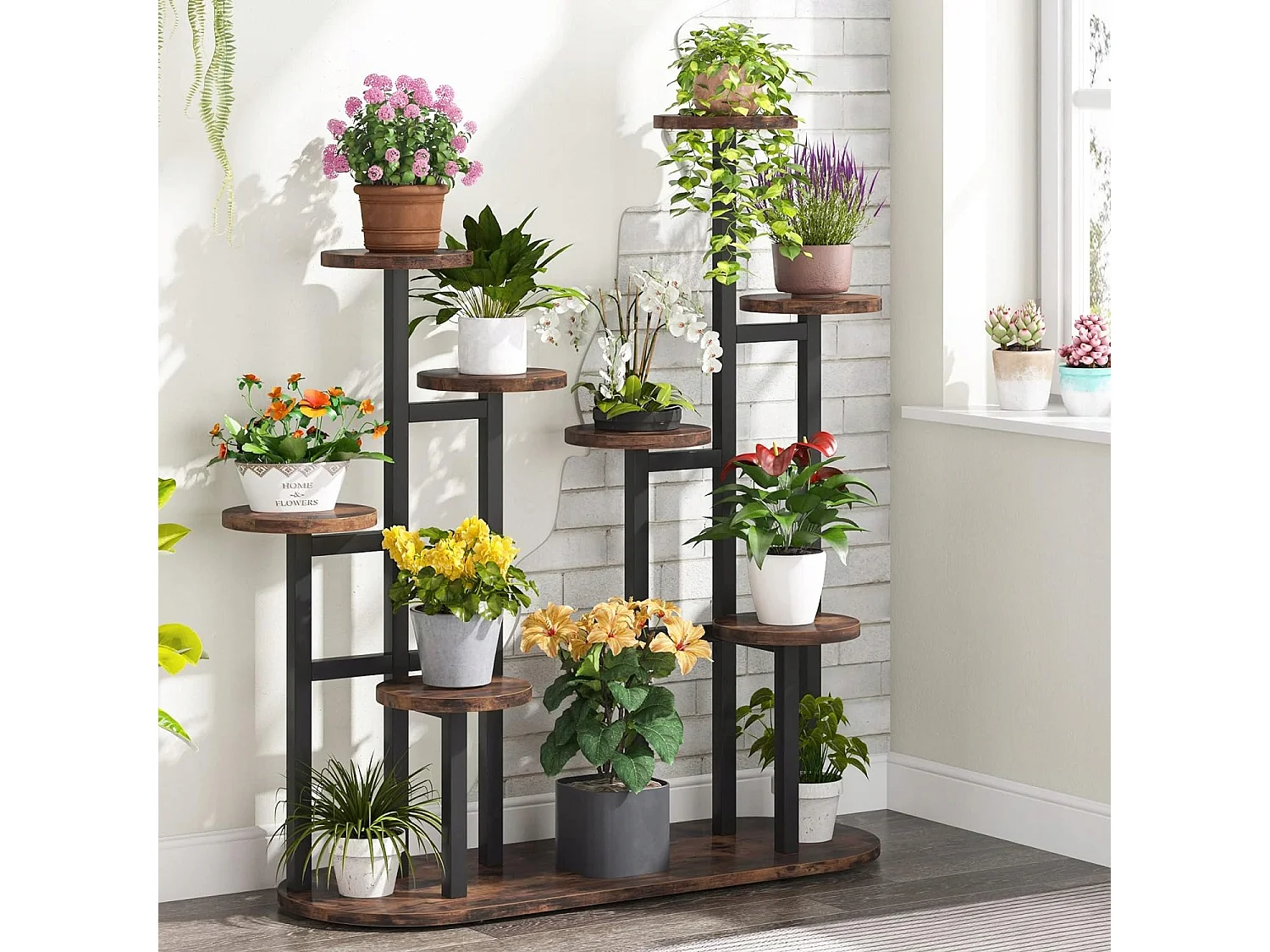 Multi-Tier Indoor Plantenstandaard voor 11 Bloempotten, Opbergrek voor Tuin, Balkon, Woonkamer, Rustiek Bruin