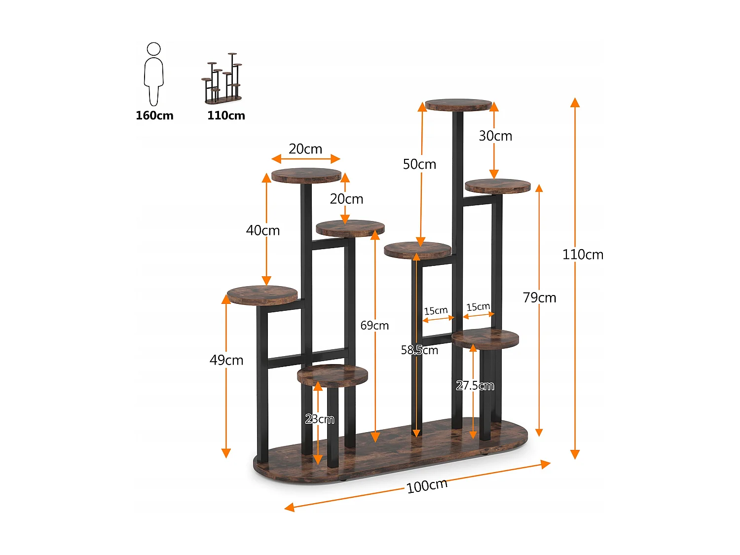 Multi-Tier Indoor Plantenstandaard voor 11 Bloempotten, Opbergrek voor Tuin, Balkon, Woonkamer, Rustiek Bruin