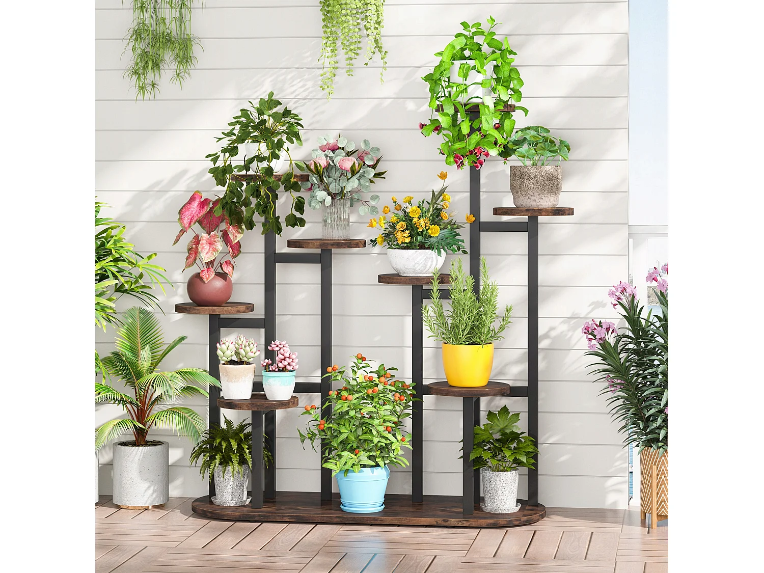 Multi-Tier Indoor Plantenstandaard voor 11 Bloempotten, Opbergrek voor Tuin, Balkon, Woonkamer, Rustiek Bruin