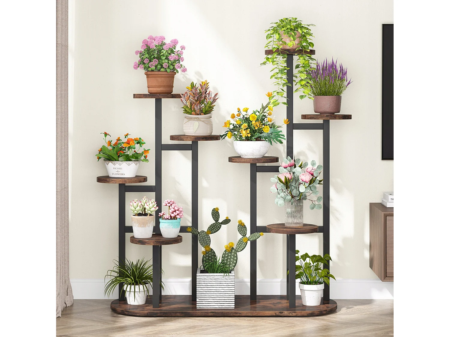 Multi-Tier Indoor Plantenstandaard voor 11 Bloempotten, Opbergrek voor Tuin, Balkon, Woonkamer, Rustiek Bruin