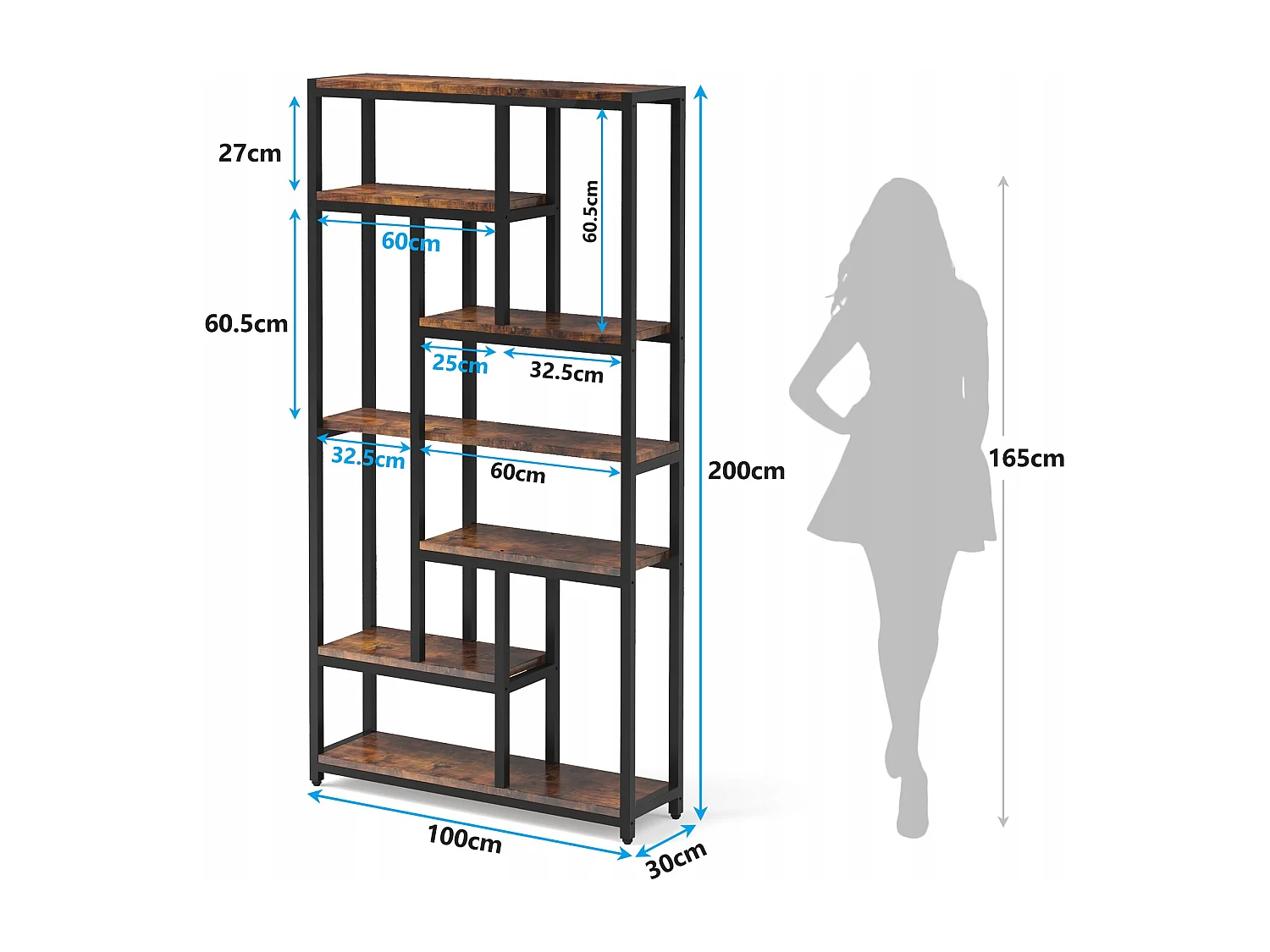 Tribesigns 7-laags boekenkast met stalen frame - Vrijstaande boekenkast voor woonkamer, open keuken - Opbergplank voor kantoor, slaapkamer, keuken - 200 x 100 x 30 cm - Bruin