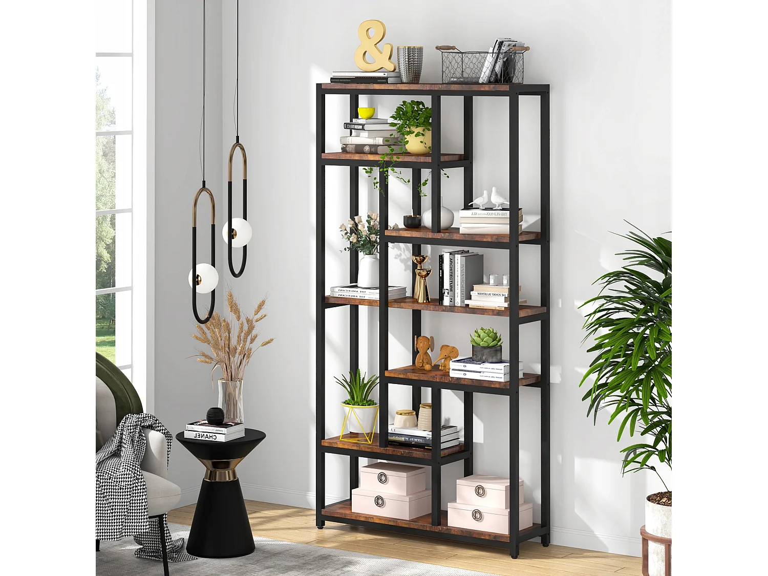 Tribesigns 7-laags boekenkast met stalen frame - Vrijstaande boekenkast voor woonkamer, open keuken - Opbergplank voor kantoor, slaapkamer, keuken - 200 x 100 x 30 cm - Bruin