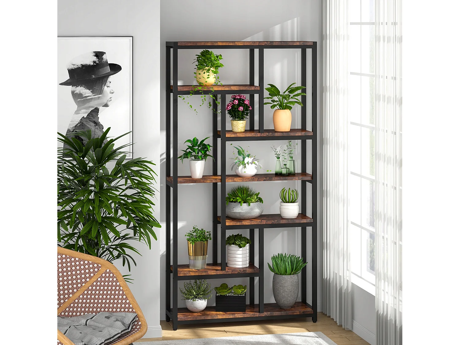 Tribesigns 7-laags boekenkast met stalen frame - Vrijstaande boekenkast voor woonkamer, open keuken - Opbergplank voor kantoor, slaapkamer, keuken - 200 x 100 x 30 cm - Bruin