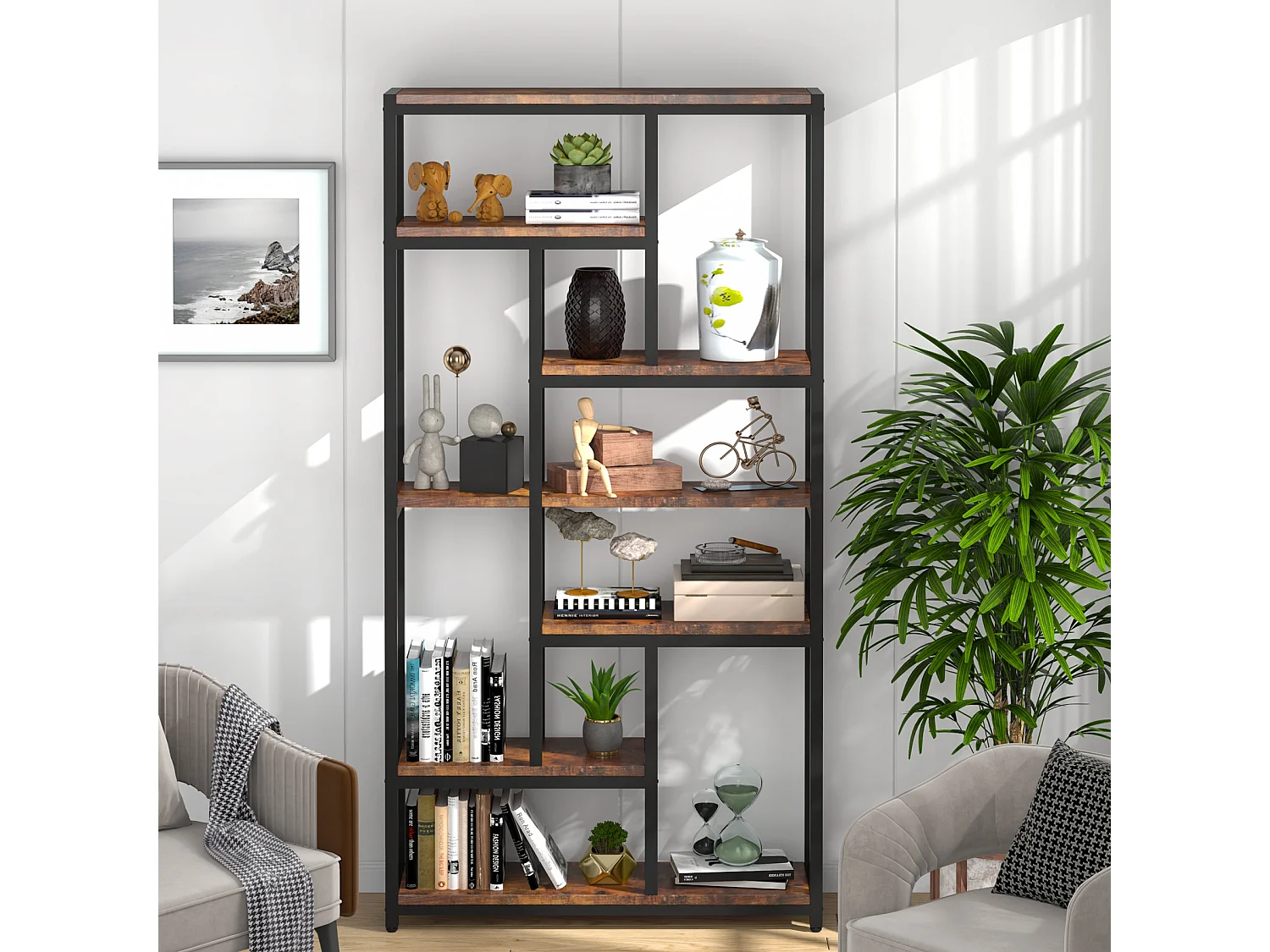 Tribesigns 7-laags boekenkast met stalen frame - Vrijstaande boekenkast voor woonkamer, open keuken - Opbergplank voor kantoor, slaapkamer, keuken - 200 x 100 x 30 cm - Bruin