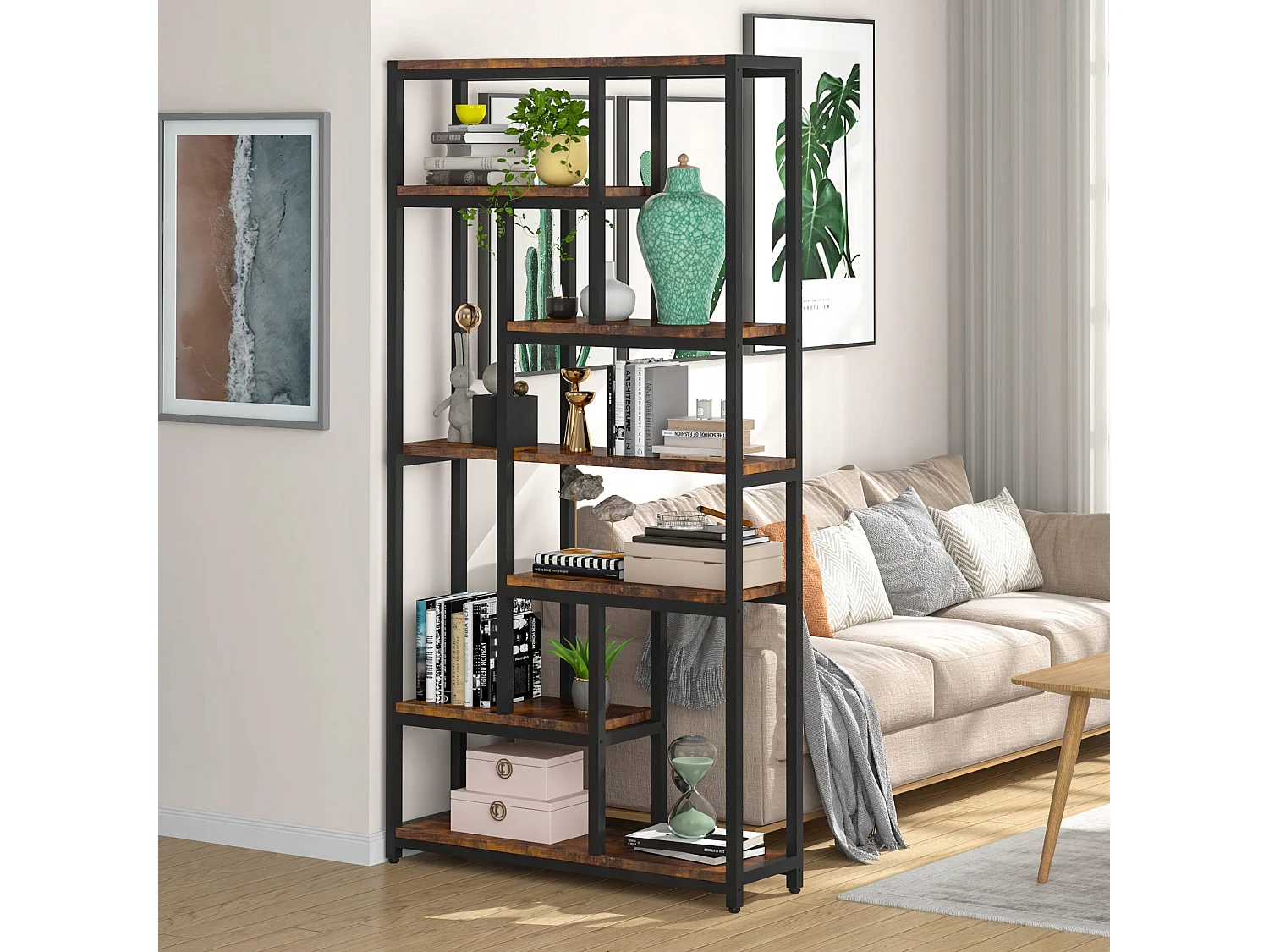 Tribesigns 7-laags boekenkast met stalen frame - Vrijstaande boekenkast voor woonkamer, open keuken - Opbergplank voor kantoor, slaapkamer, keuken - 200 x 100 x 30 cm - Bruin