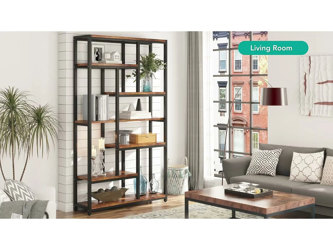 Tribesigns 7-laags boekenkast met stalen frame - Vrijstaande boekenkast voor woonkamer, open keuken - Opbergplank voor kantoor, slaapkamer, keuken - 200 x 100 x 30 cm - Bruin