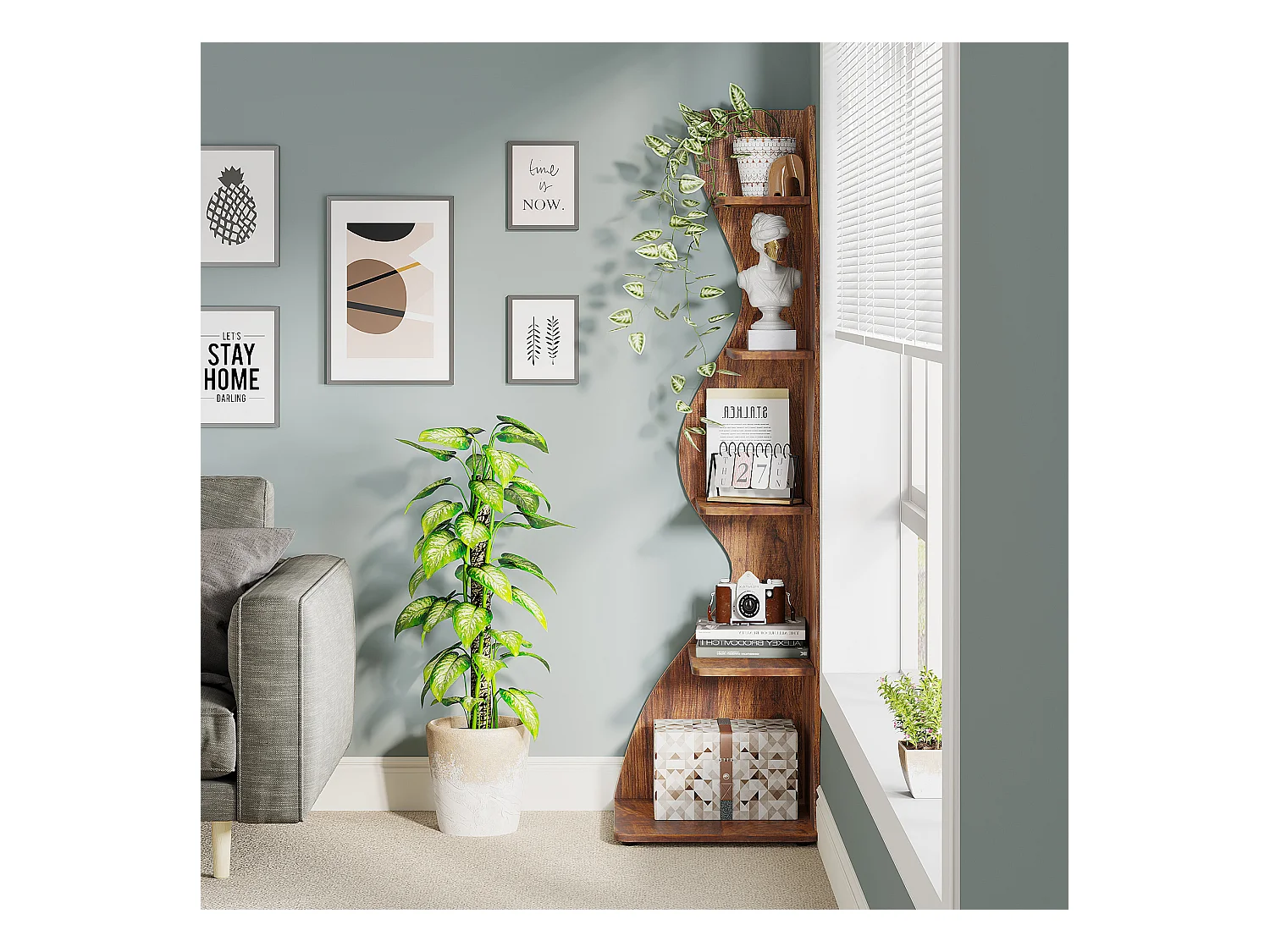 Étagère d'angle Moderne à 5 Niveaux, Petite Bibliothèque d'angle élégante, Support de Plante unité d'organisation avec Forme Unique, Marron