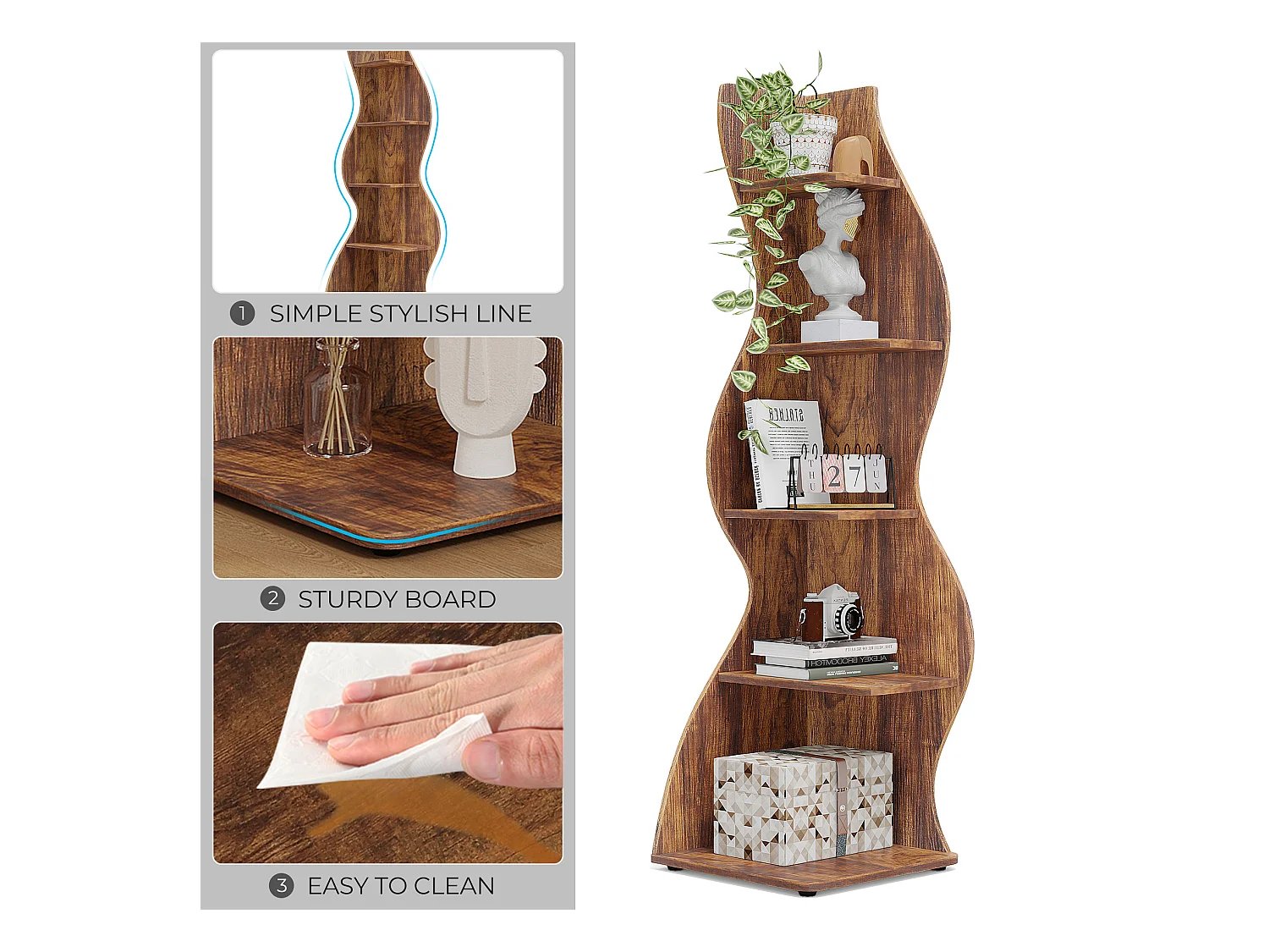 Étagère d'angle Moderne à 5 Niveaux, Petite Bibliothèque d'angle élégante, Support de Plante unité d'organisation avec Forme Unique, Marron