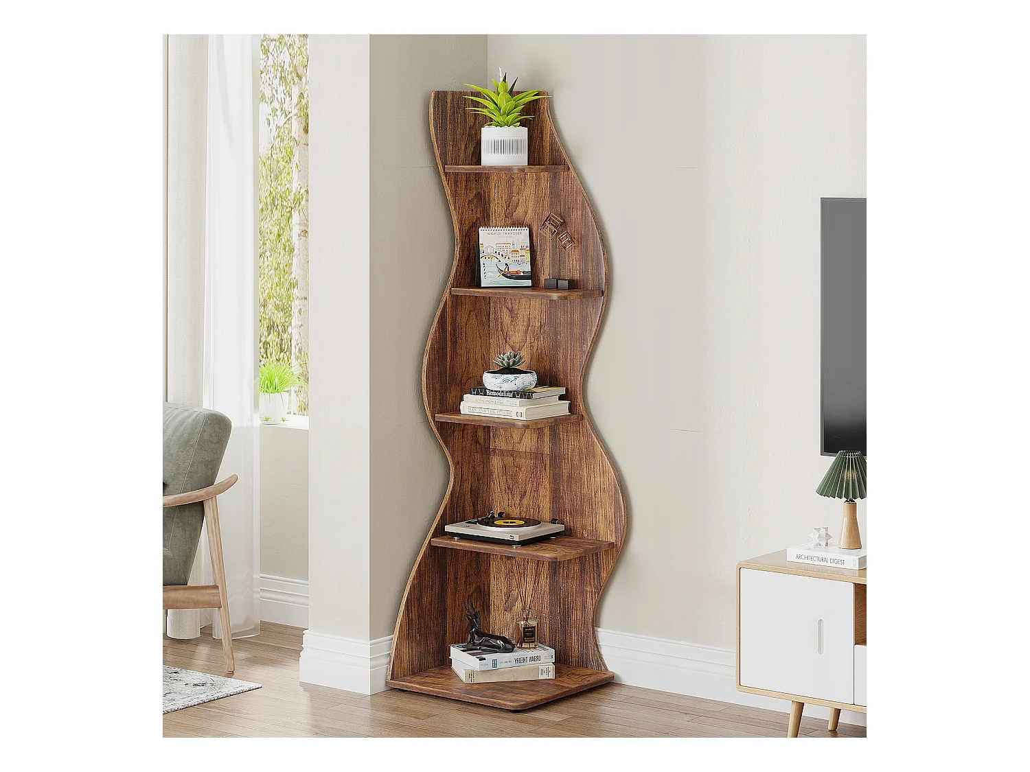 Étagère d'angle Moderne à 5 Niveaux, Petite Bibliothèque d'angle élégante, Support de Plante unité d'organisation avec Forme Unique, Marron