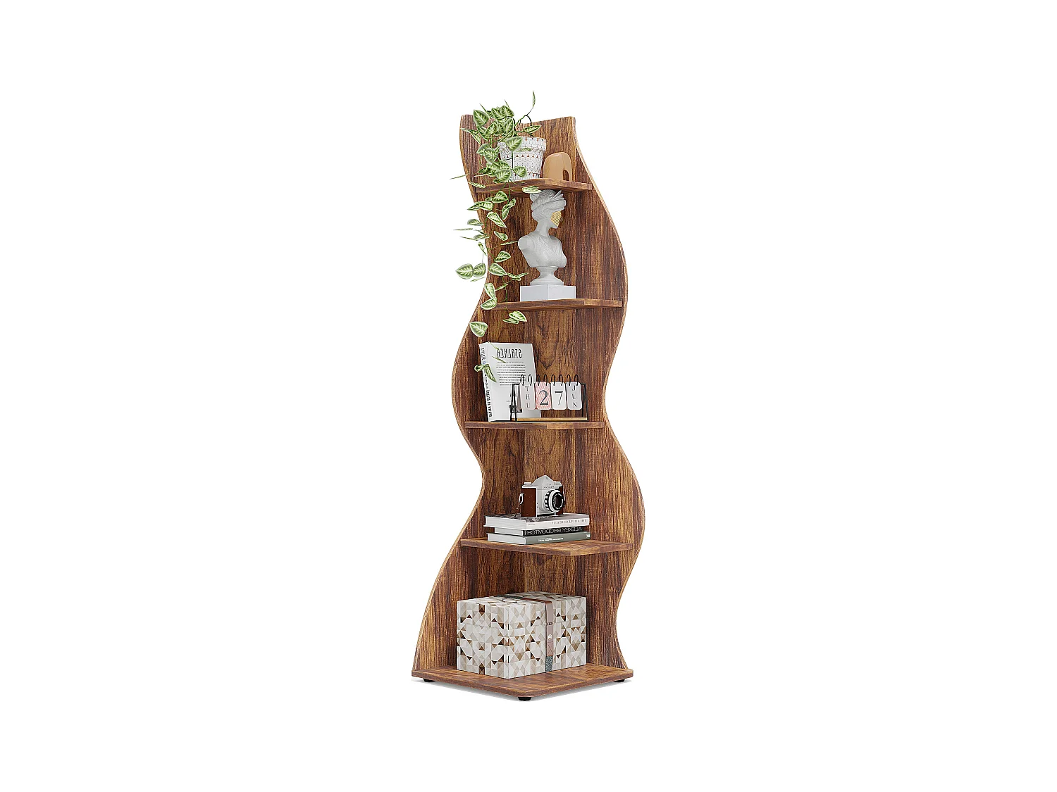 Étagère d'angle Moderne à 5 Niveaux, Petite Bibliothèque d'angle élégante, Support de Plante unité d'organisation avec Forme Unique, Marron