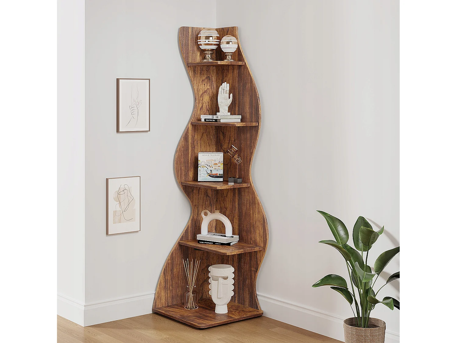 Étagère d'angle Moderne à 5 Niveaux, Petite Bibliothèque d'angle élégante, Support de Plante unité d'organisation avec Forme Unique, Marron