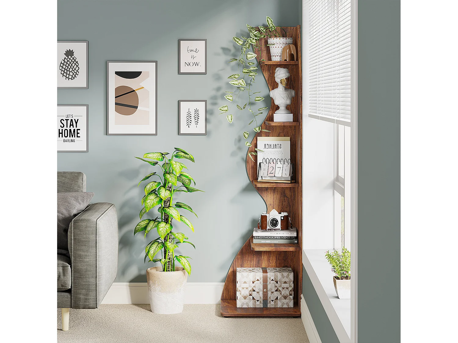 Étagère d'angle Moderne à 5 Niveaux, Petite Bibliothèque d'angle élégante, Support de Plante unité d'organisation avec Forme Unique, Marron