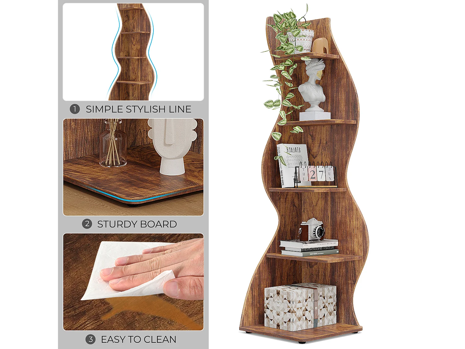 Étagère d'angle Moderne à 5 Niveaux, Petite Bibliothèque d'angle élégante, Support de Plante unité d'organisation avec Forme Unique, Marron