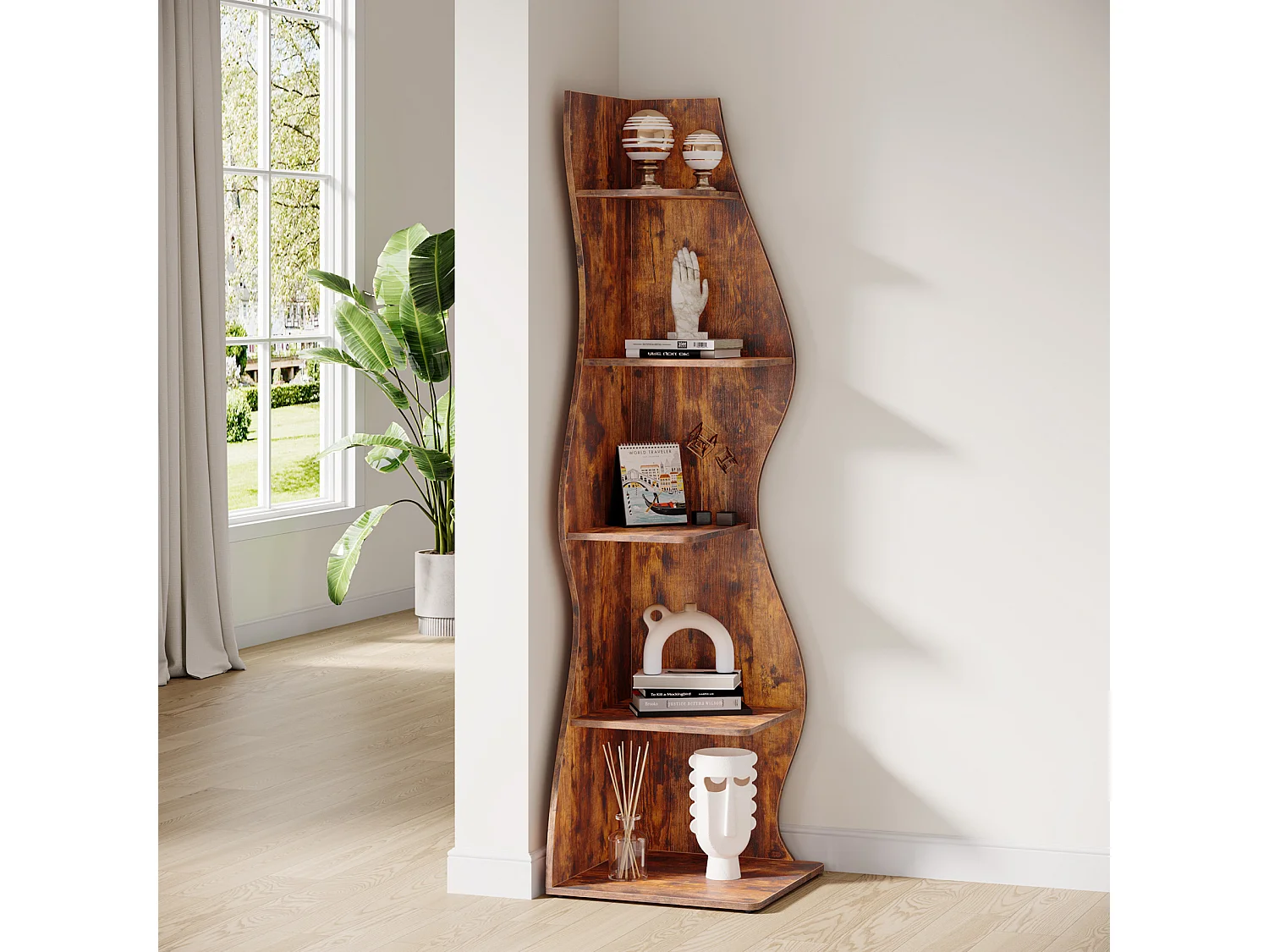 Étagère d'angle Moderne à 5 Niveaux, Petite Bibliothèque d'angle élégante, Support de Plante unité d'organisation avec Forme Unique, Marron