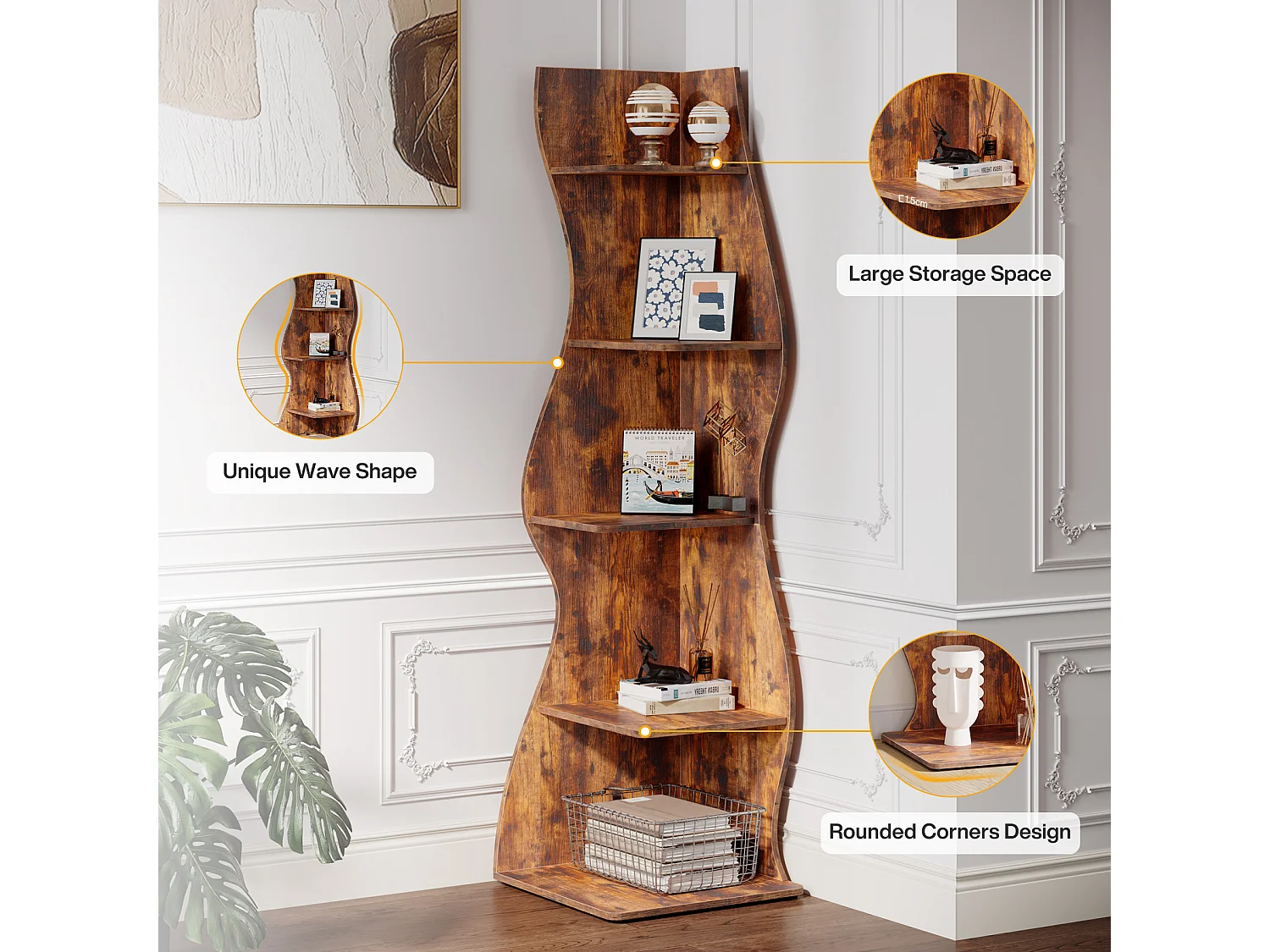 Étagère d'angle Moderne à 5 Niveaux, Petite Bibliothèque d'angle élégante, Support de Plante unité d'organisation avec Forme Unique, Marron