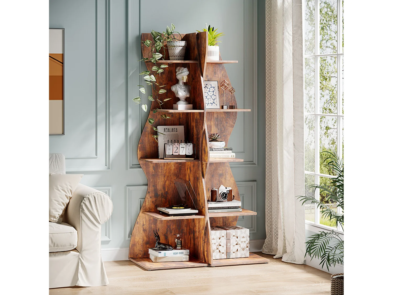 Étagère d'angle Moderne à 5 Niveaux, Petite Bibliothèque d'angle élégante, Support de Plante unité d'organisation avec Forme Unique, Marron