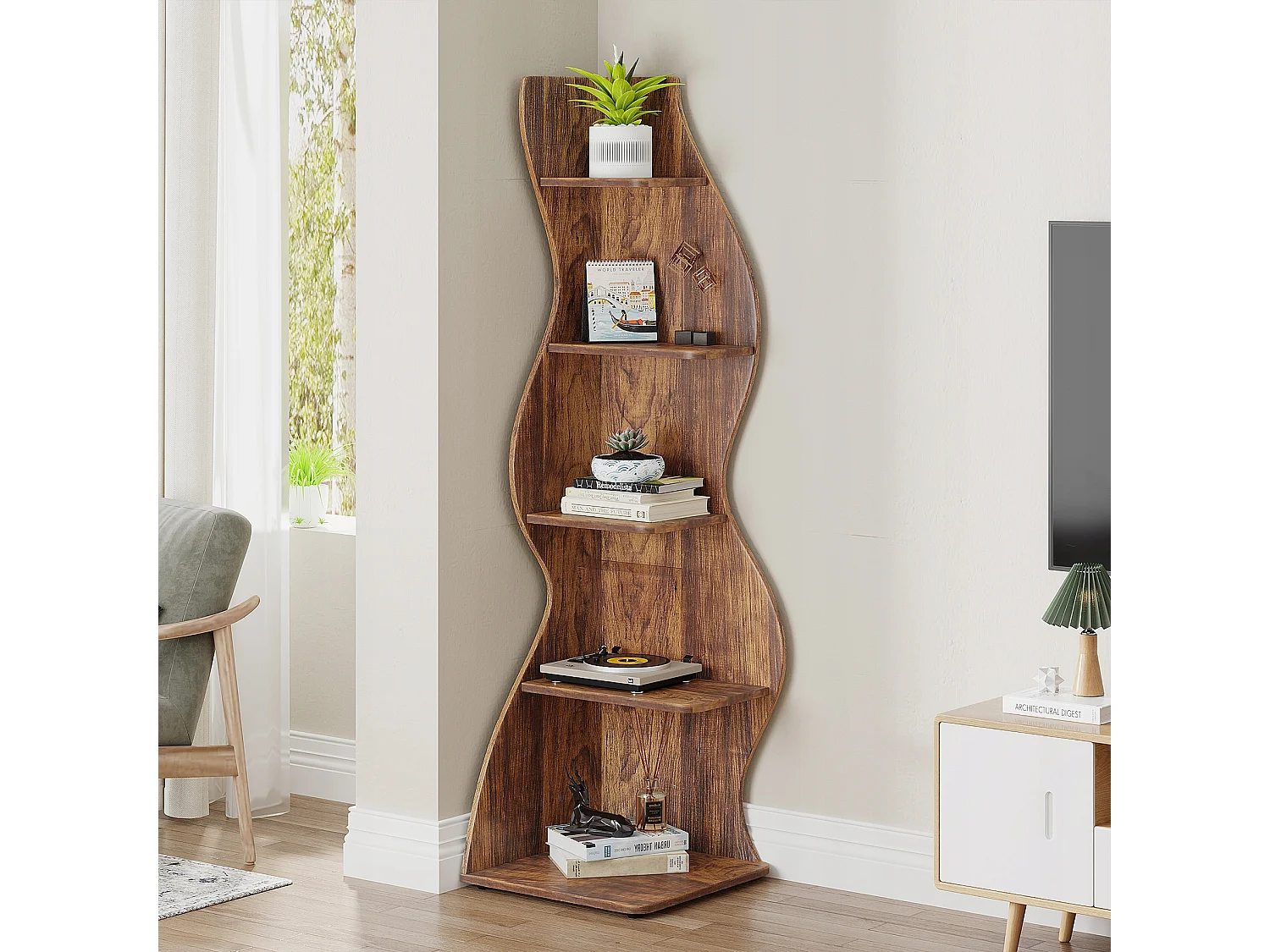 Étagère d'angle Moderne à 5 Niveaux, Petite Bibliothèque d'angle élégante, Support de Plante unité d'organisation avec Forme Unique, Marron