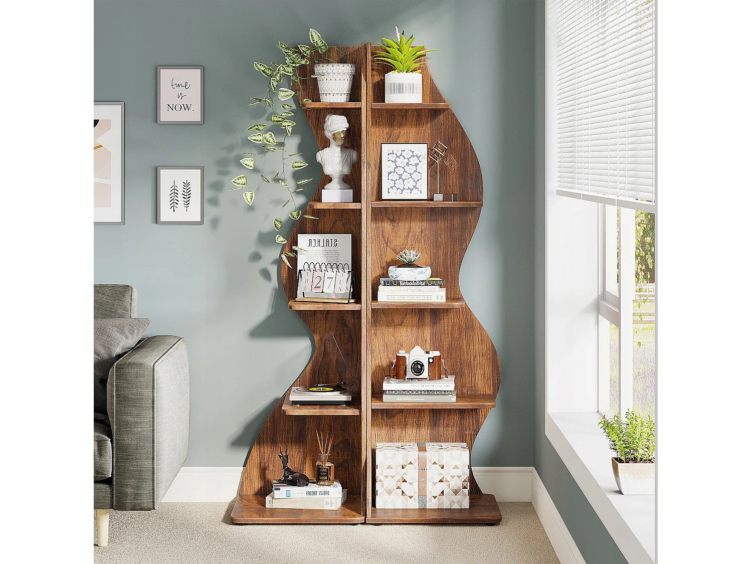 Étagère d'angle Moderne à 5 Niveaux, Petite Bibliothèque d'angle élégante, Support de Plante unité d'organisation avec Forme Unique, Marron