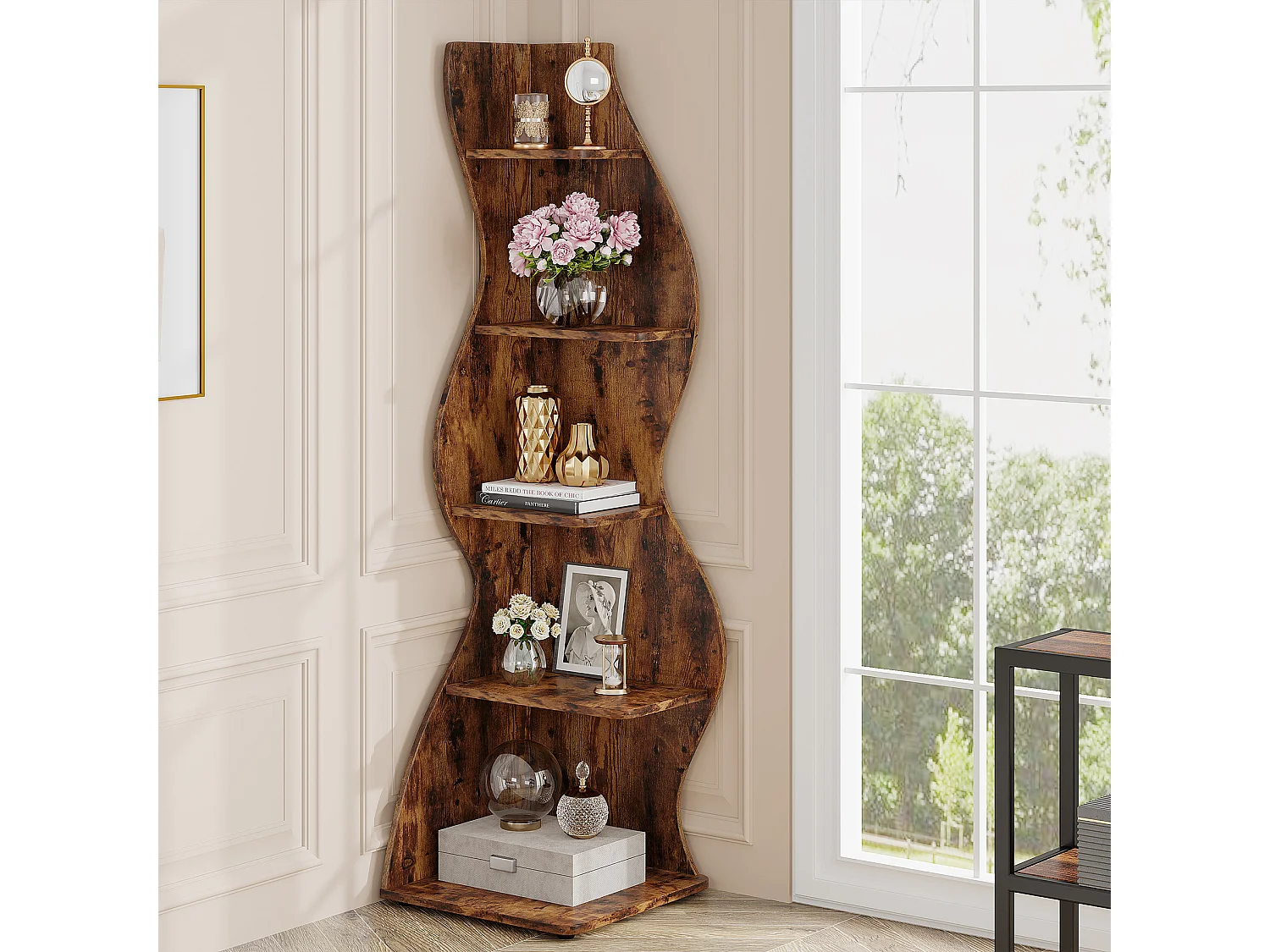 Étagère d'angle Moderne à 5 Niveaux, Petite Bibliothèque d'angle élégante, Support de Plante unité d'organisation avec Forme Unique, Marron