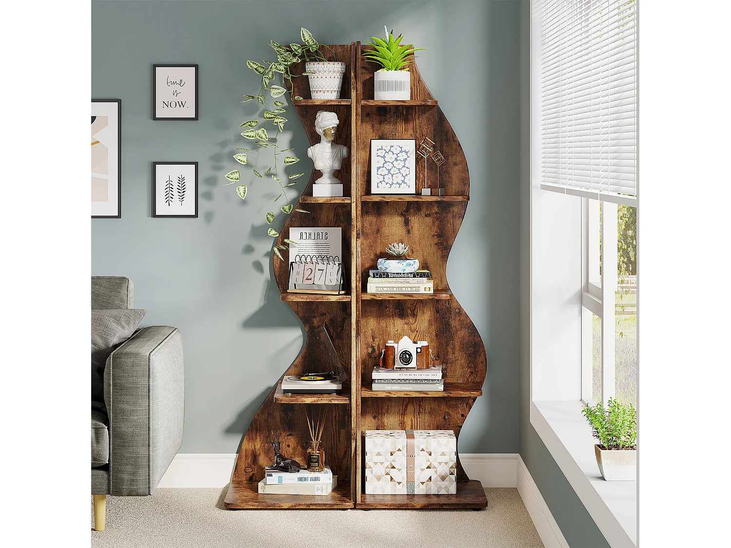 Étagère d'angle Moderne à 5 Niveaux, Petite Bibliothèque d'angle élégante, Support de Plante unité d'organisation avec Forme Unique, Marron