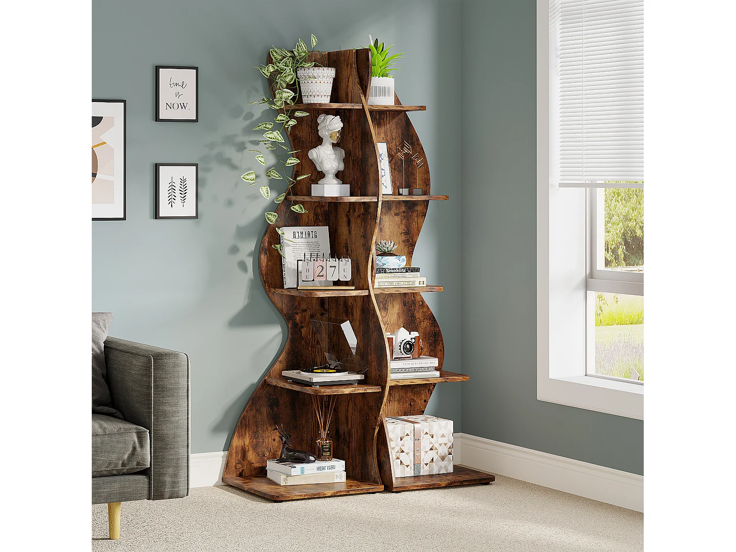 Étagère d'angle Moderne à 5 Niveaux, Petite Bibliothèque d'angle élégante, Support de Plante unité d'organisation avec Forme Unique, Marron