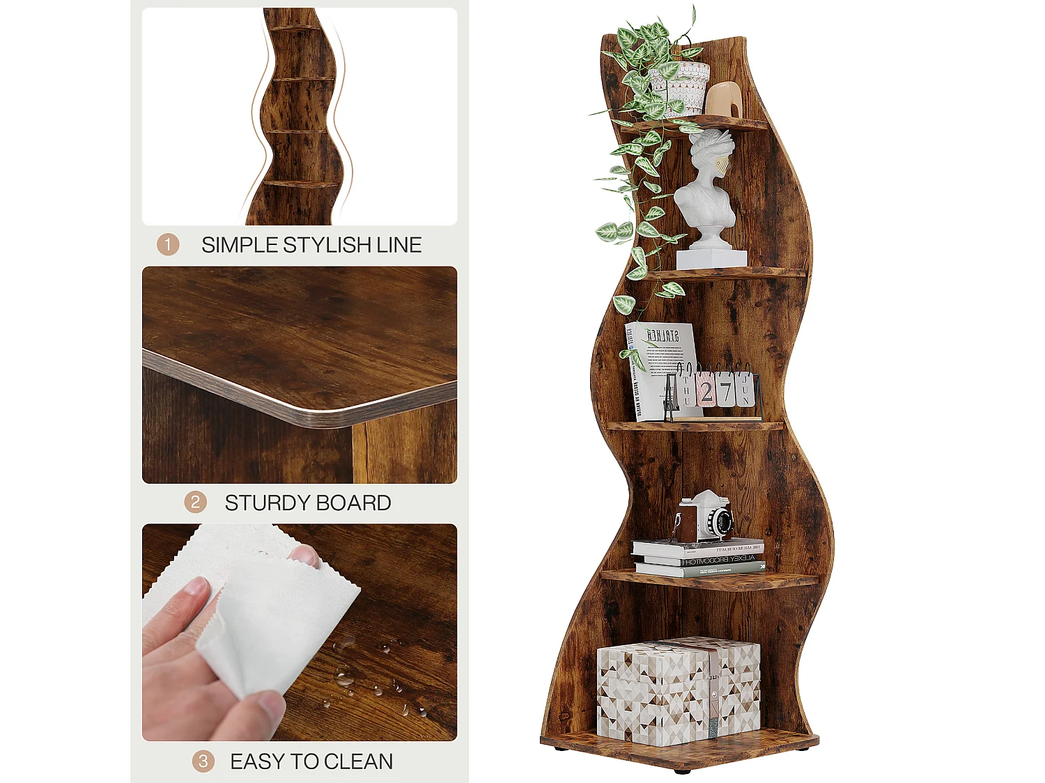 Étagère d'angle Moderne à 5 Niveaux, Petite Bibliothèque d'angle élégante, Support de Plante unité d'organisation avec Forme Unique, Marron