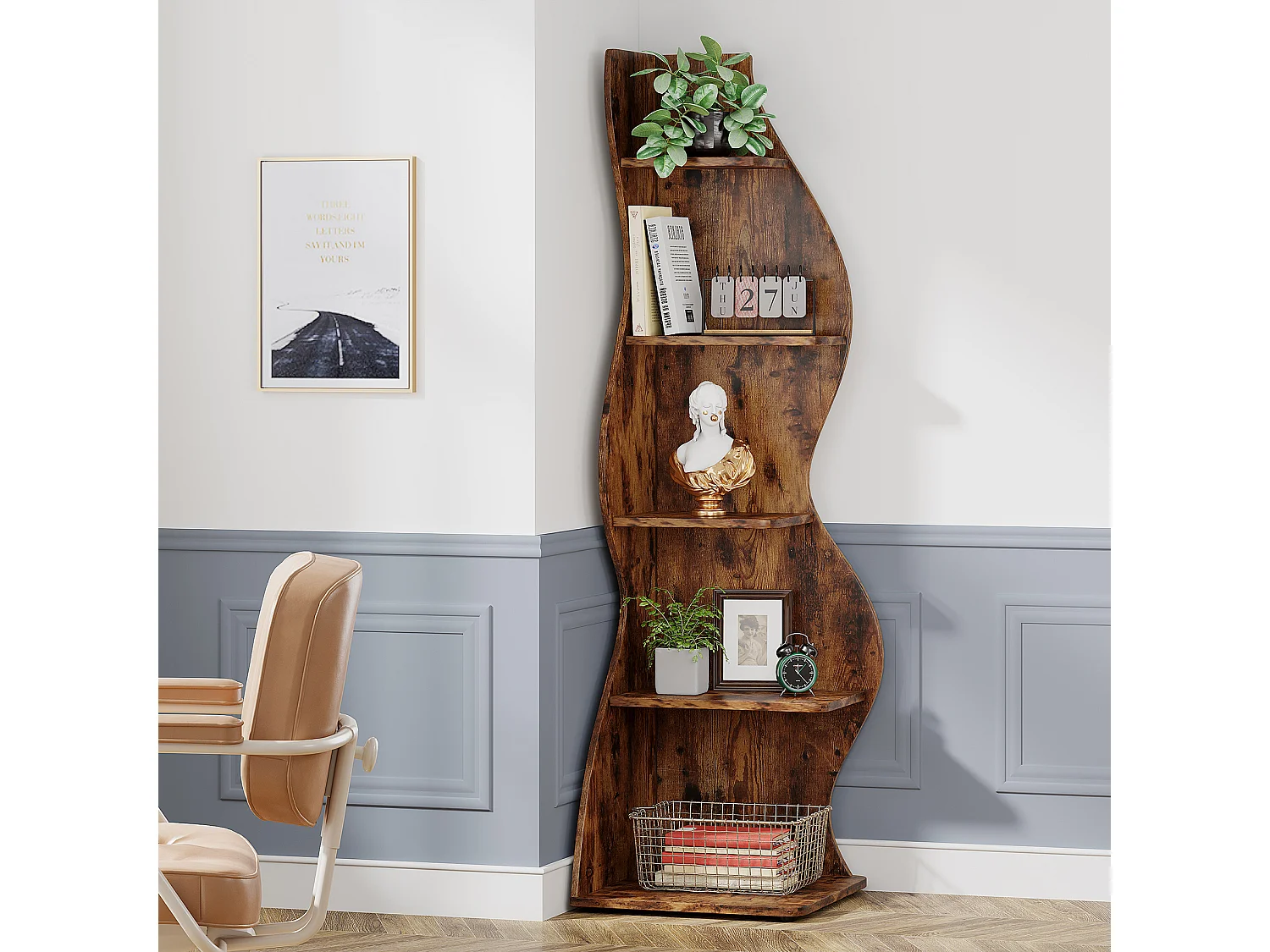 Étagère d'angle Moderne à 5 Niveaux, Petite Bibliothèque d'angle élégante, Support de Plante unité d'organisation avec Forme Unique, Marron