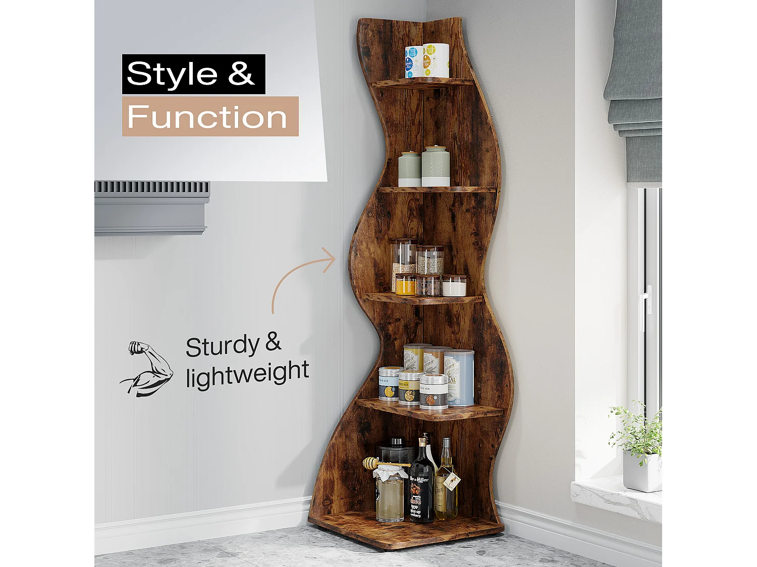 Étagère d'angle Moderne à 5 Niveaux, Petite Bibliothèque d'angle élégante, Support de Plante unité d'organisation avec Forme Unique, Marron