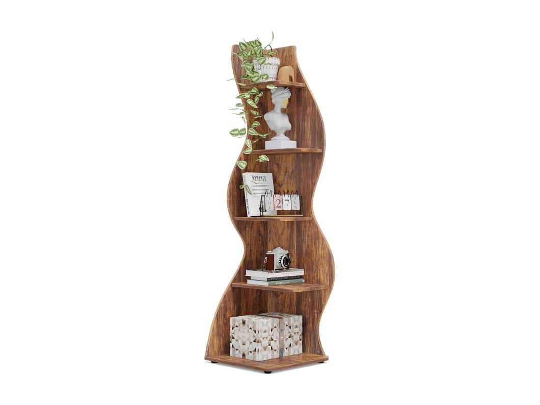 Moderne hoekplank met 5 niveaus, kleine stijlvolle hoekboekenkast, plantenstandaard met unieke vorm, bruin