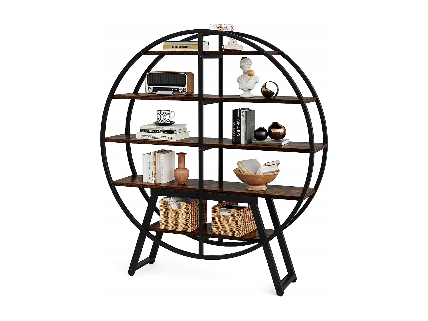 Bibliothèque industrielle Etagere - 170,6 cm - 5 niveaux - Pour salon, affichage géométrique - Étagère ouverte en bois et métal robuste - Marron