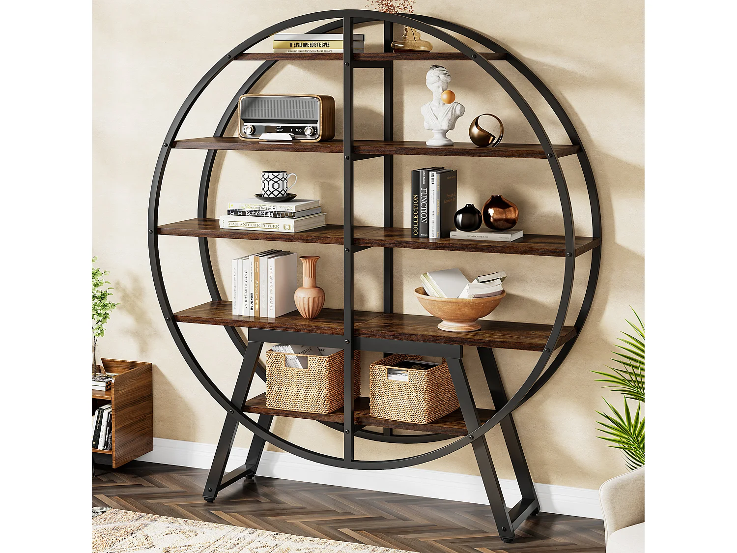 Bibliothèque industrielle Etagere - 170,6 cm - 5 niveaux - Pour salon, affichage géométrique - Étagère ouverte en bois et métal robuste - Marron