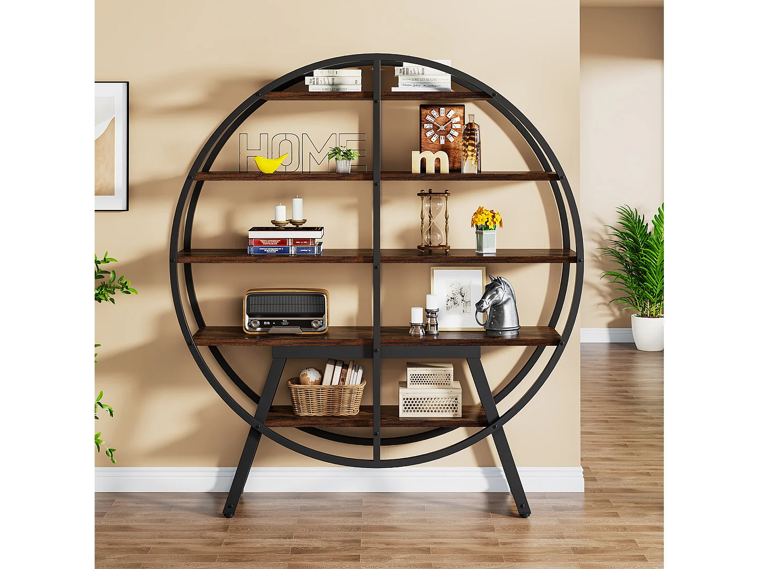 Bibliothèque industrielle Etagere - 170,6 cm - 5 niveaux - Pour salon, affichage géométrique - Étagère ouverte en bois et métal robuste - Marron