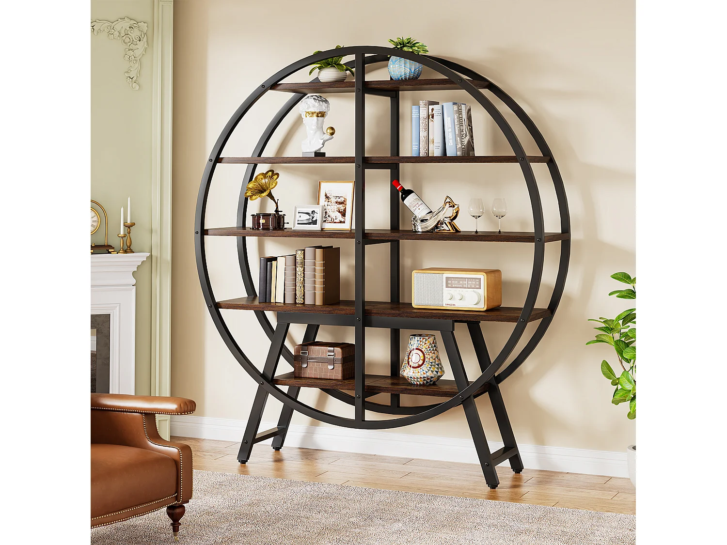 Bibliothèque industrielle Etagere - 170,6 cm - 5 niveaux - Pour salon, affichage géométrique - Étagère ouverte en bois et métal robuste - Marron
