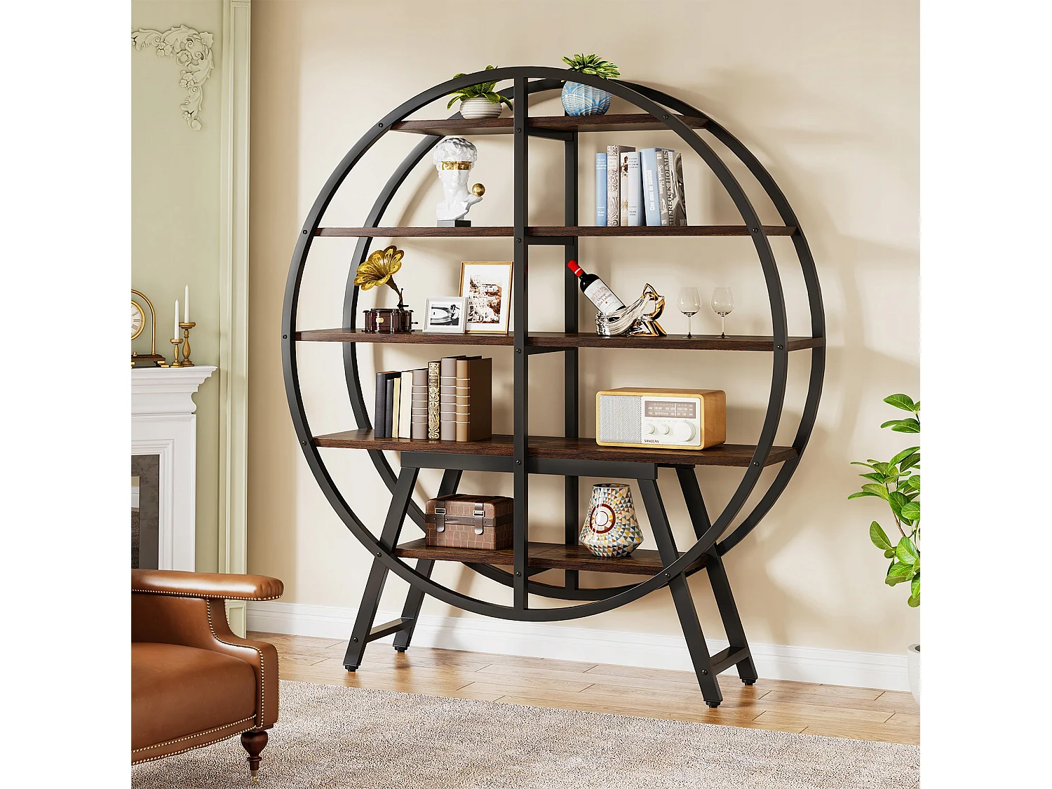 Bibliothèque industrielle Etagere - 170,6 cm - 5 niveaux - Pour salon, affichage géométrique - Étagère ouverte en bois et métal robuste - Marron