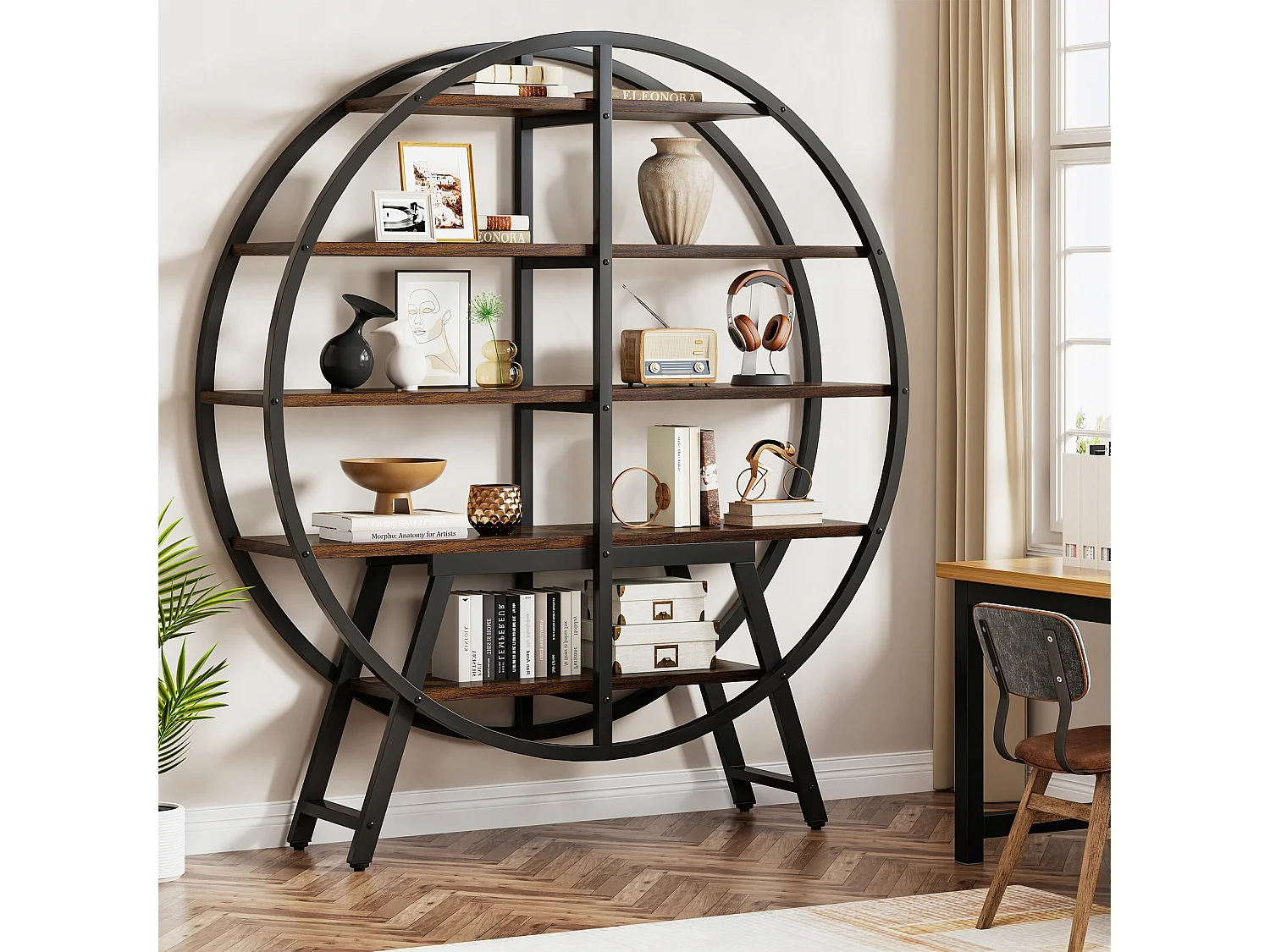 Bibliothèque industrielle Etagere - 170,6 cm - 5 niveaux - Pour salon, affichage géométrique - Étagère ouverte en bois et métal robuste - Marron
