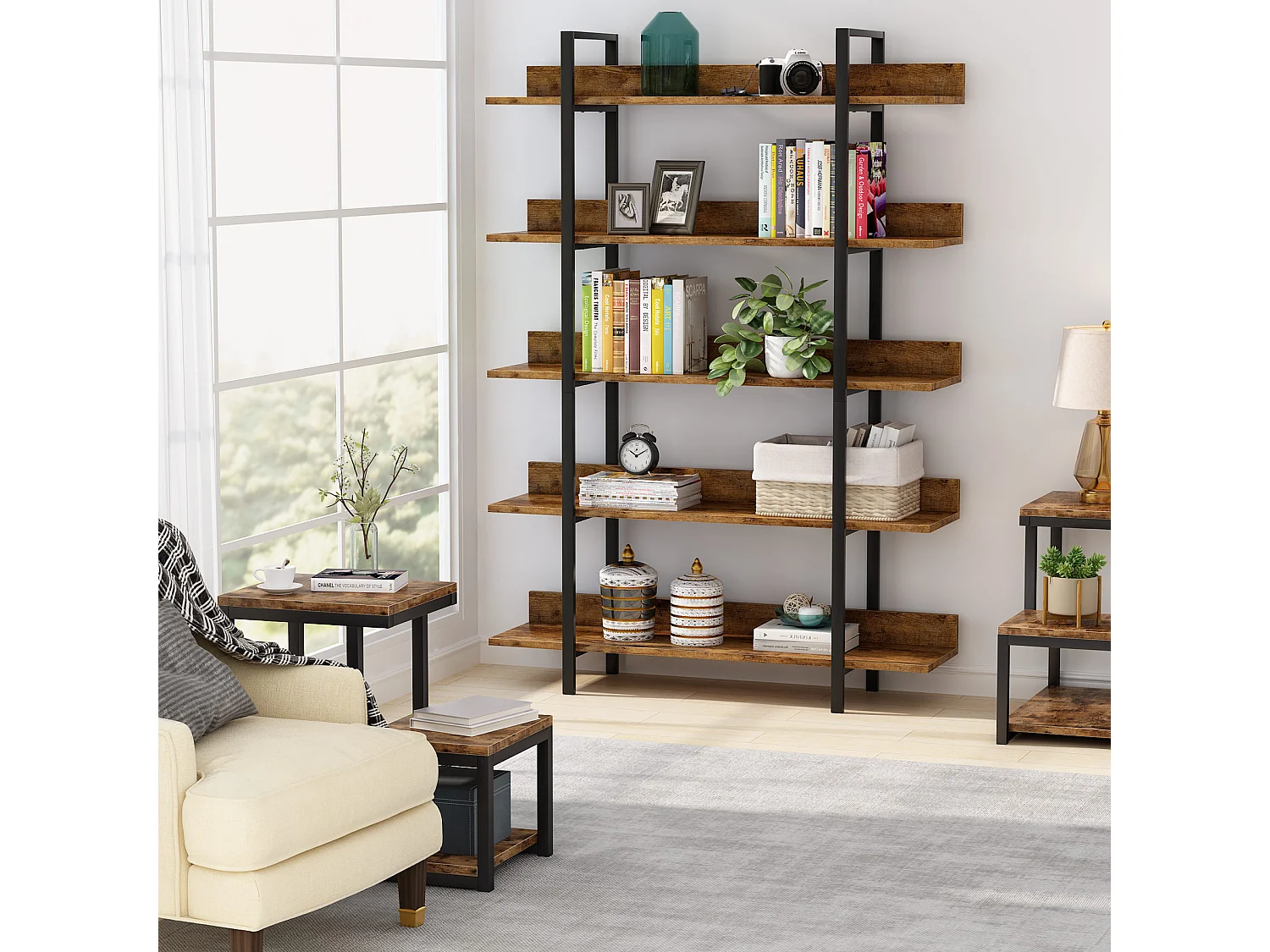 Bibliothèque Vintage à 5 Niveaux - Grande étagère de Rangement avec tôle de Guidage pour Le Salon, comme étagère pour Plantes, étagère de Cuisine