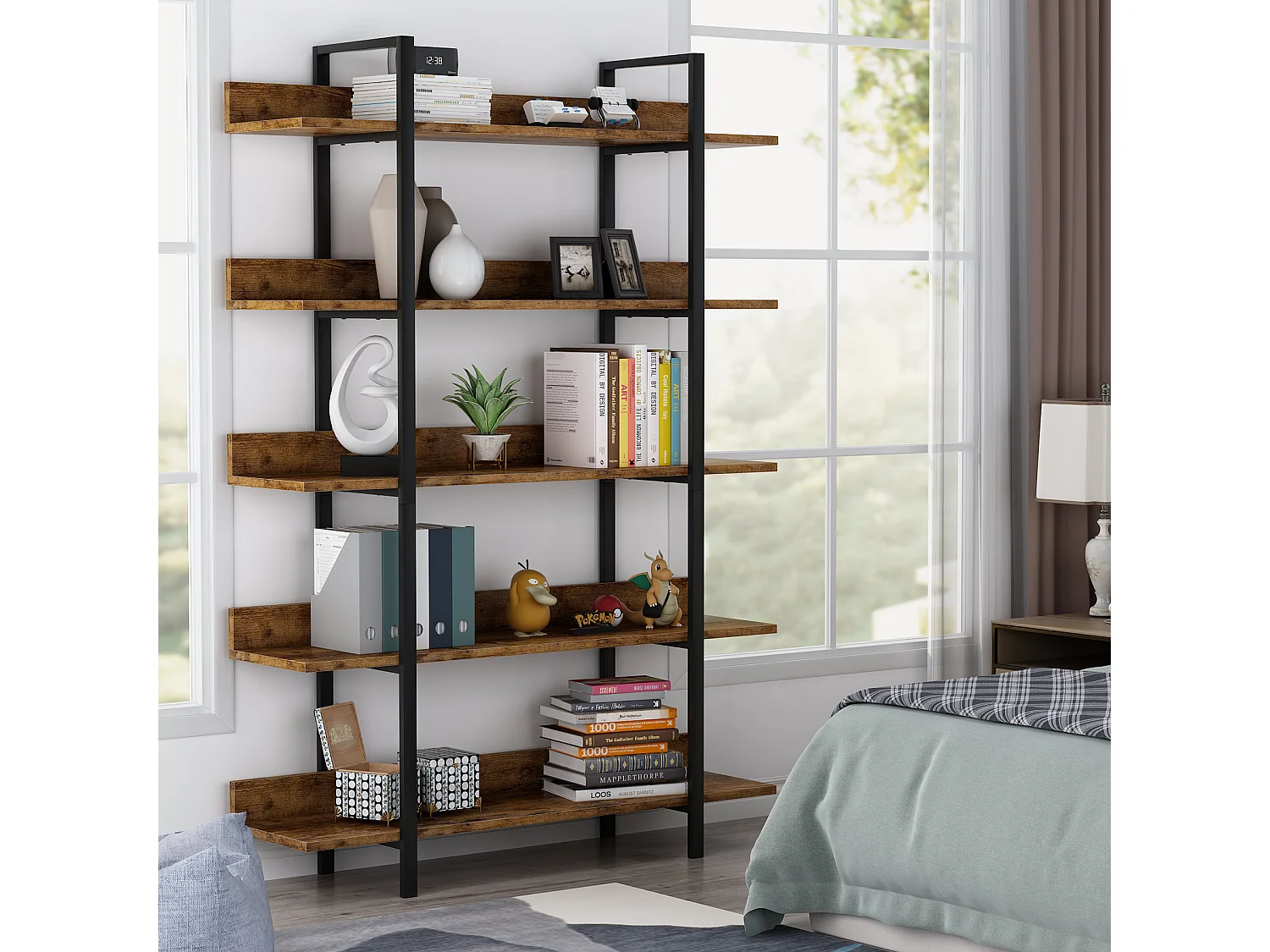 Bibliothèque Vintage à 5 Niveaux - Grande étagère de Rangement avec tôle de Guidage pour Le Salon, comme étagère pour Plantes, étagère de Cuisine