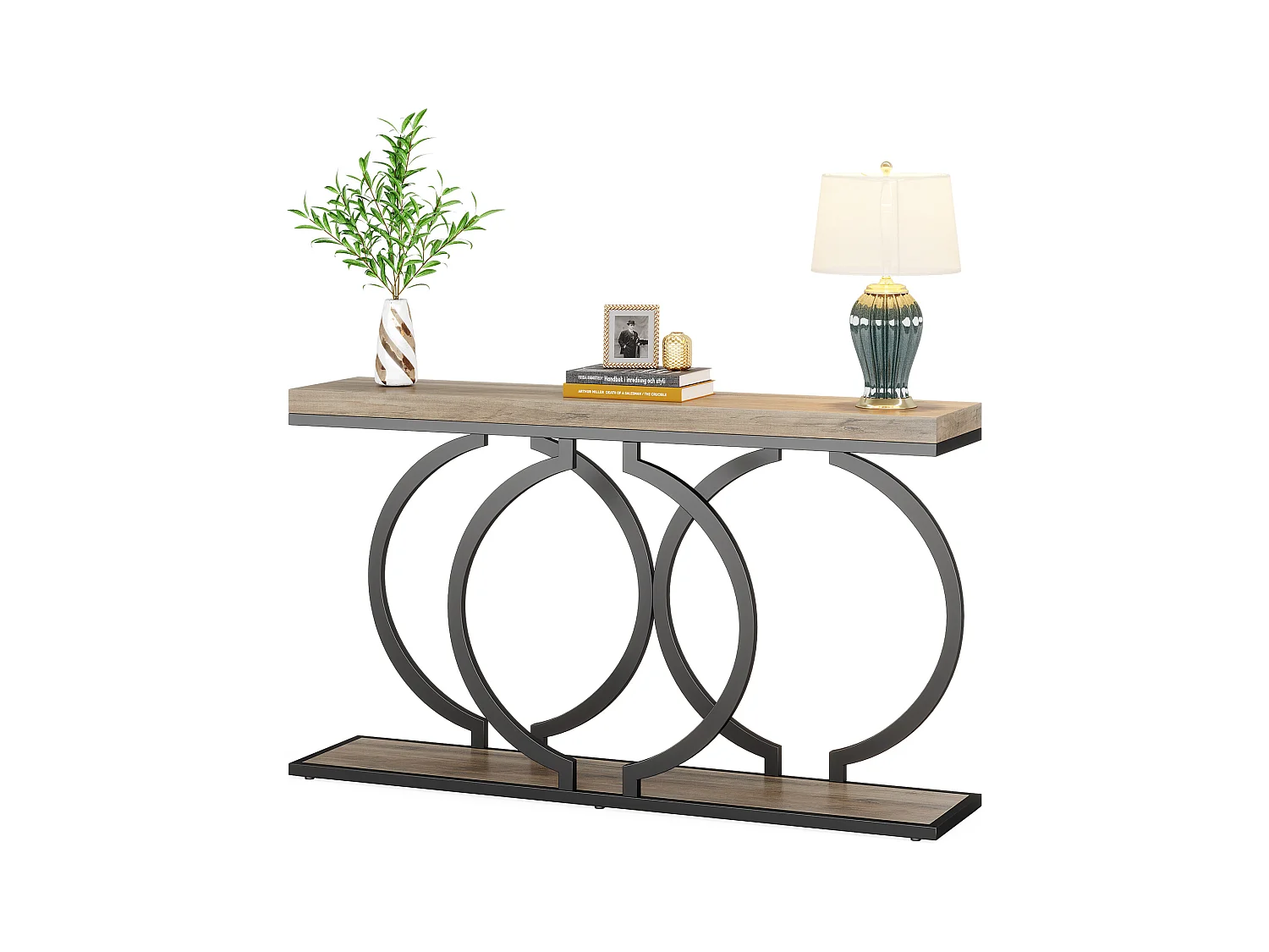 Table Console dorée de 140 cm, Table d'entrée Moderne avec Pieds en métal doré en Forme de O, 140 x 30x 80 cm, Gris