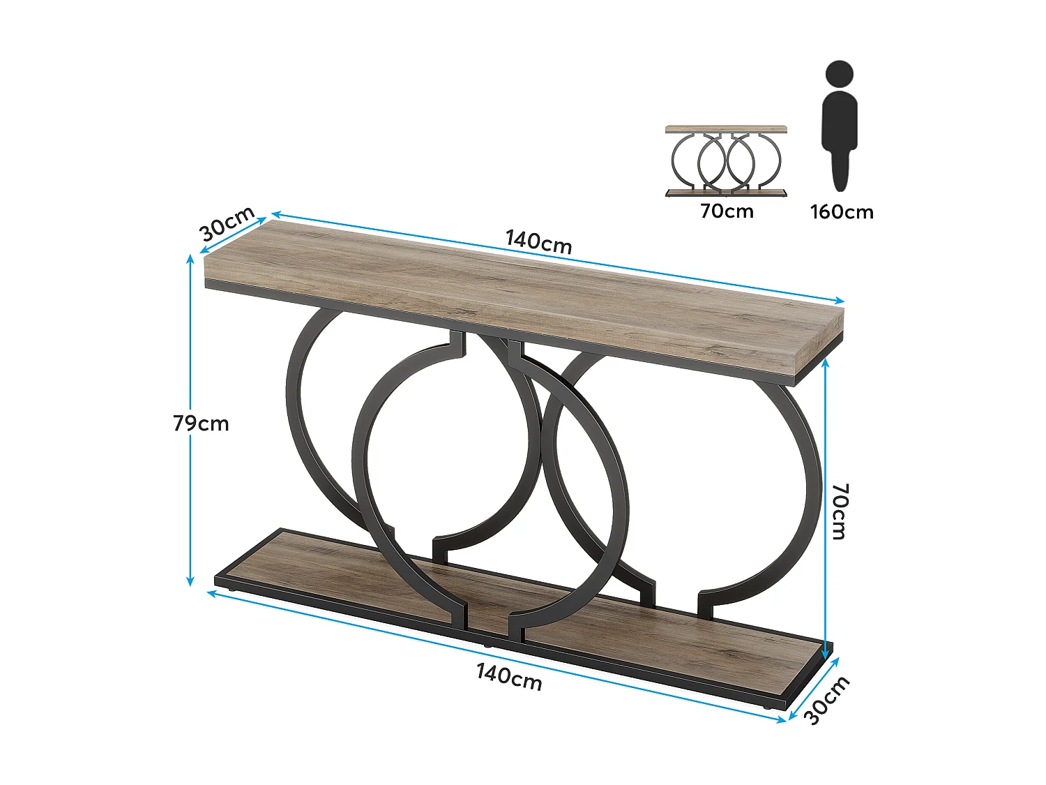 Tribesigns 140cm gouden consoletafel, moderne haltafel met gouden metalen O-vormige poten, haltafel voor woonkamer, hal, gang, 140 x 30 x 80 cm, grijs