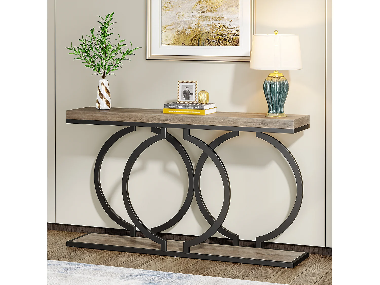 Tribesigns 140cm gouden consoletafel, moderne haltafel met gouden metalen O-vormige poten, haltafel voor woonkamer, hal, gang, 140 x 30 x 80 cm, grijs