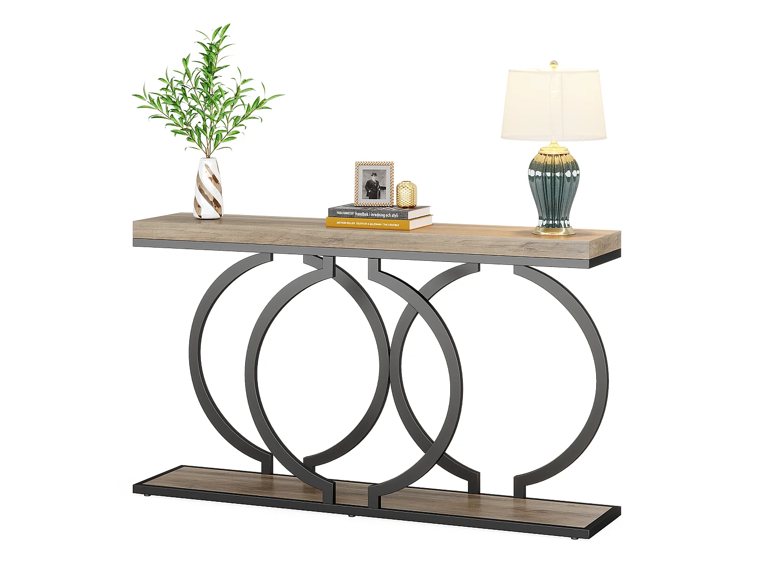 Table Console dorée de 140 cm, Table d'entrée Moderne avec Pieds en métal doré en Forme de O, 140 x 30x 80 cm, Gris