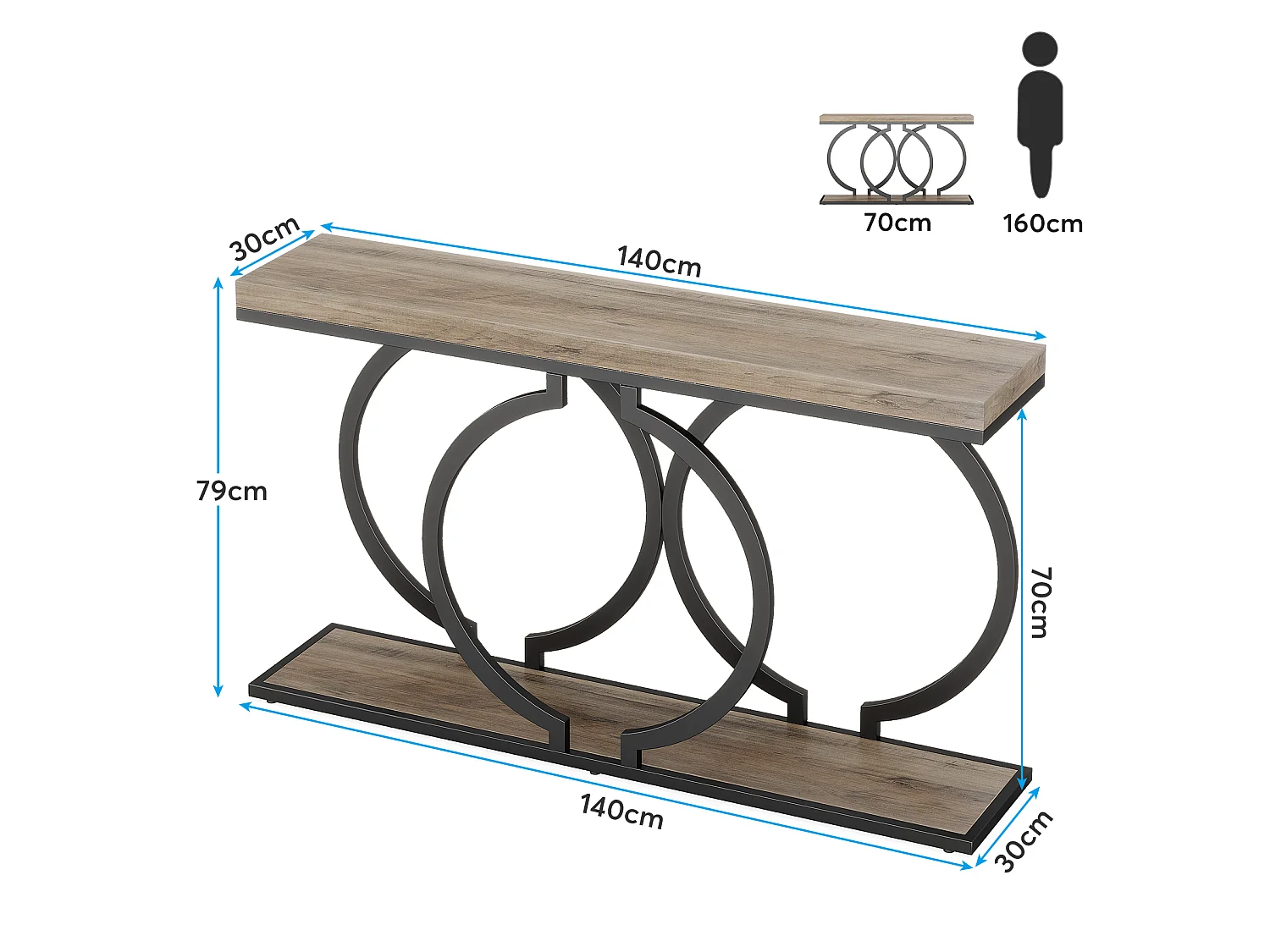 Table Console dorée de 140 cm, Table d'entrée Moderne avec Pieds en métal doré en Forme de O, 140 x 30x 80 cm, Gris