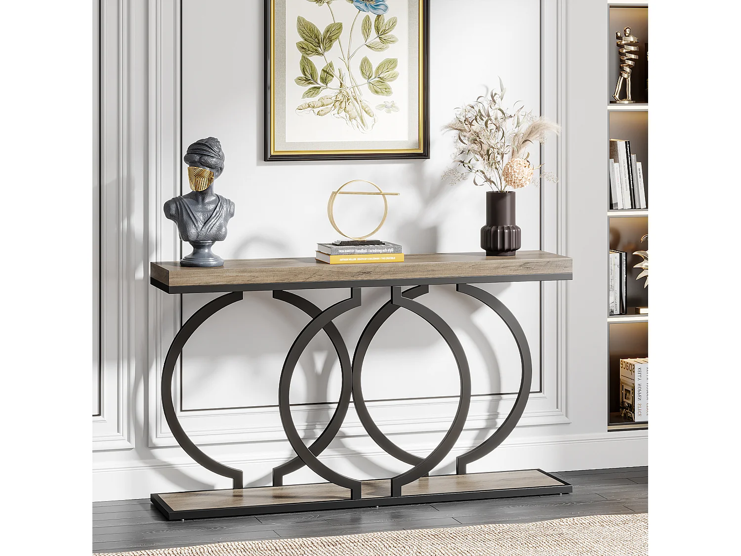 Table Console dorée de 140 cm, Table d'entrée Moderne avec Pieds en métal doré en Forme de O, 140 x 30x 80 cm, Gris