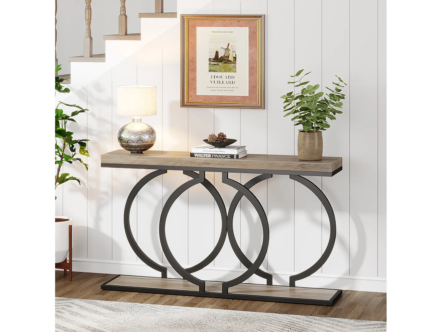 Table Console dorée de 140 cm, Table d'entrée Moderne avec Pieds en métal doré en Forme de O, 140 x 30x 80 cm, Gris