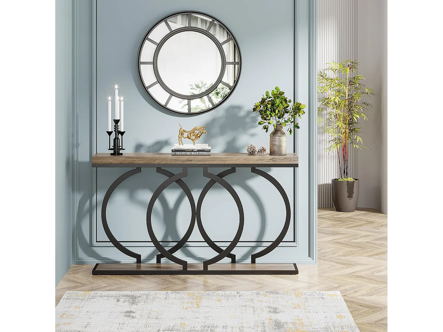 Table Console dorée de 140 cm, Table d'entrée Moderne avec Pieds en métal doré en Forme de O, 140 x 30x 80 cm, Gris