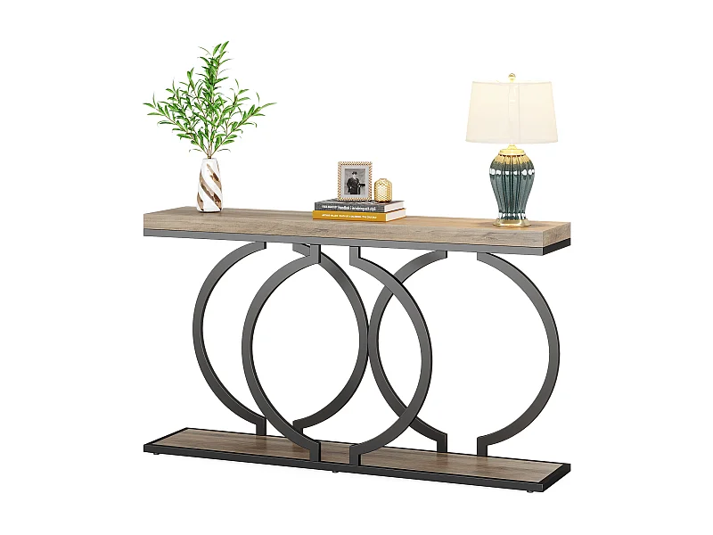 Consola de mesa dorada de 140 cm, Mesa de entrada moderna con patas de metal dorado en forma de O, 140 x 30 x 80 cm, gris