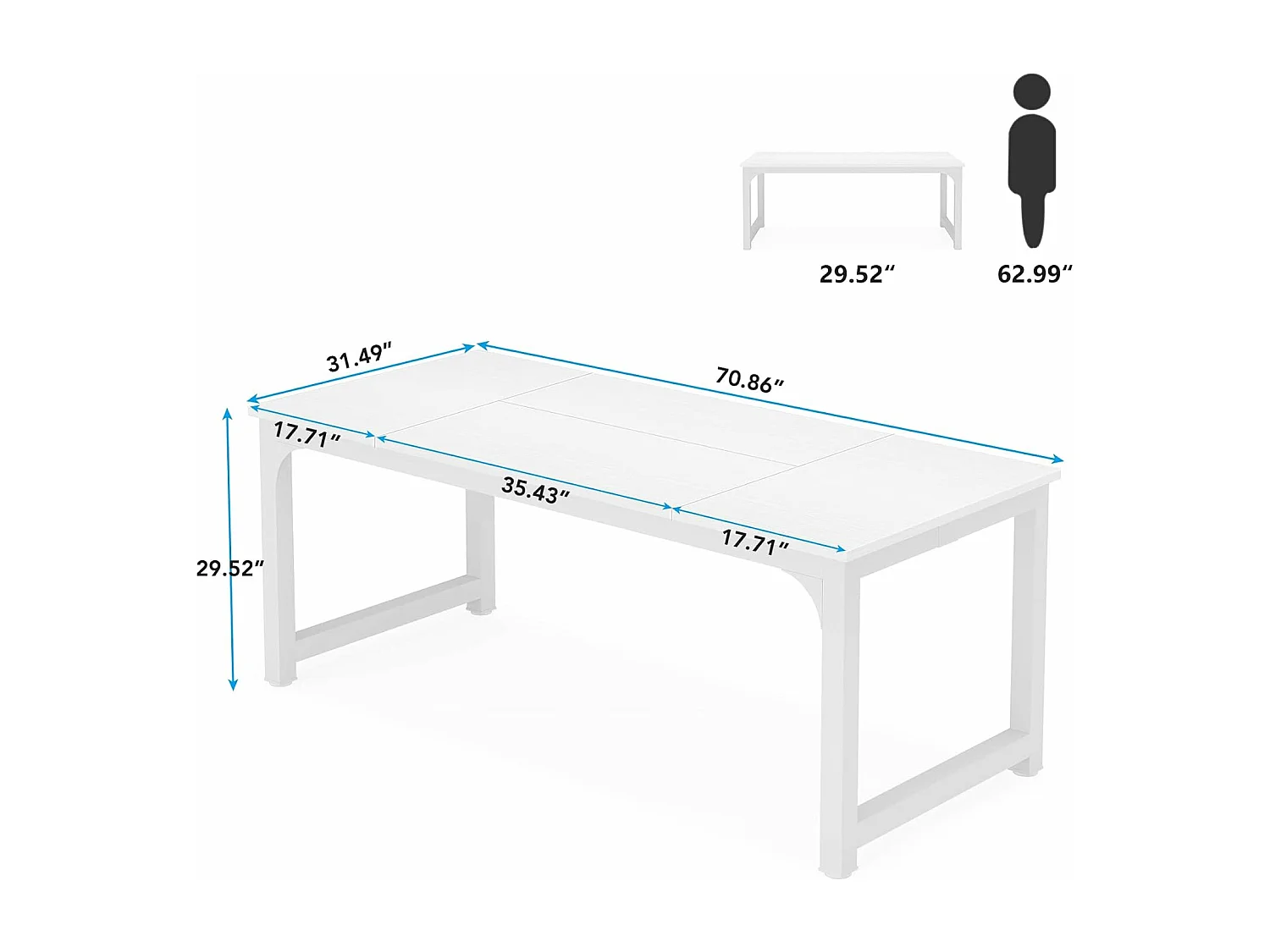 Bureau pour Ordinateur Portable,Table, Bureau d’étude pour Le télétravail, Poste de Travail pour Bureau, Chambre, Facile à Monter (Blanc, 180 x 80 x 75 cm)