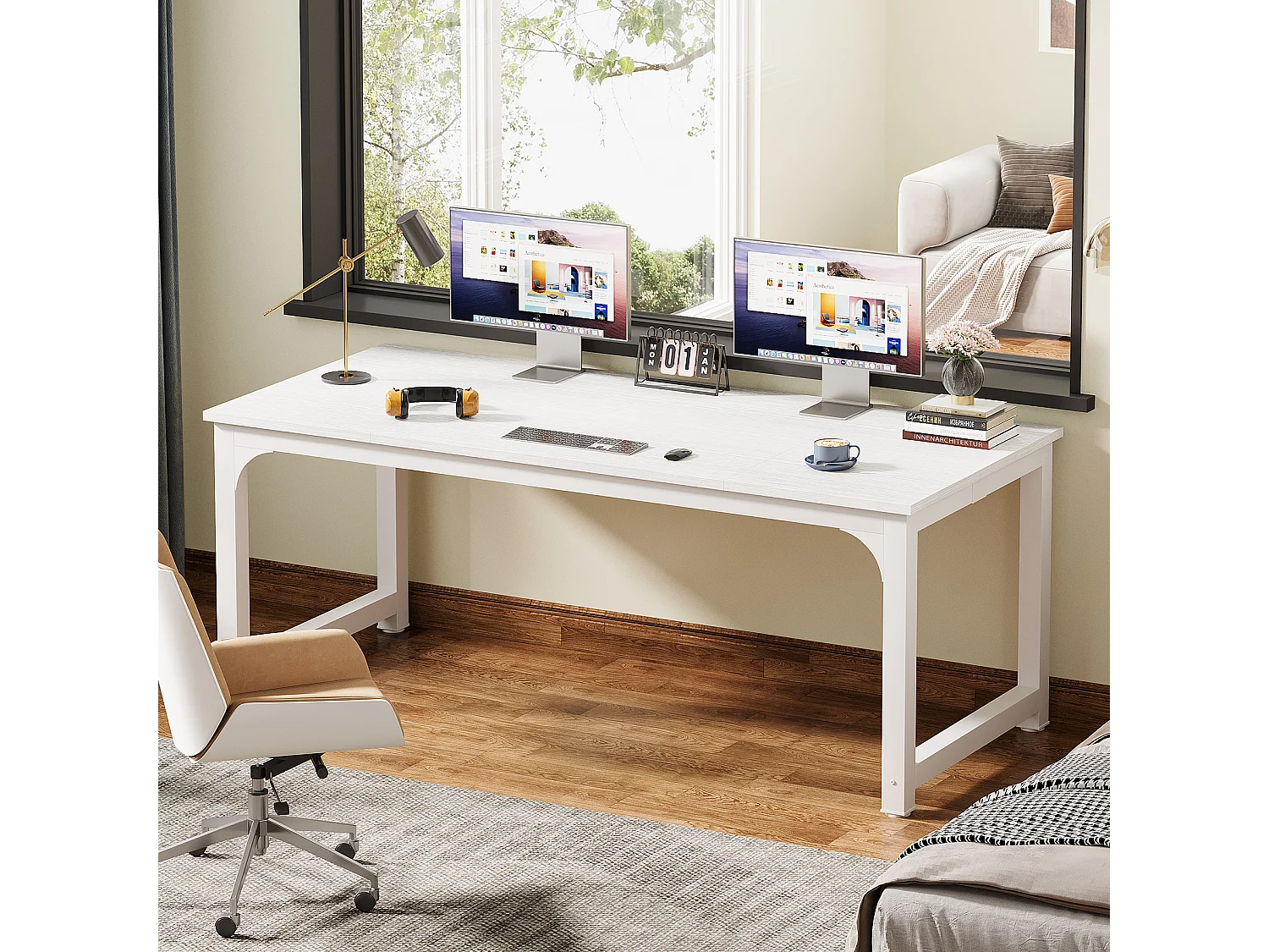 Bureau pour Ordinateur Portable,Table, Bureau d’étude pour Le télétravail, Poste de Travail pour Bureau, Chambre, Facile à Monter (Blanc, 180 x 80 x 75 cm)