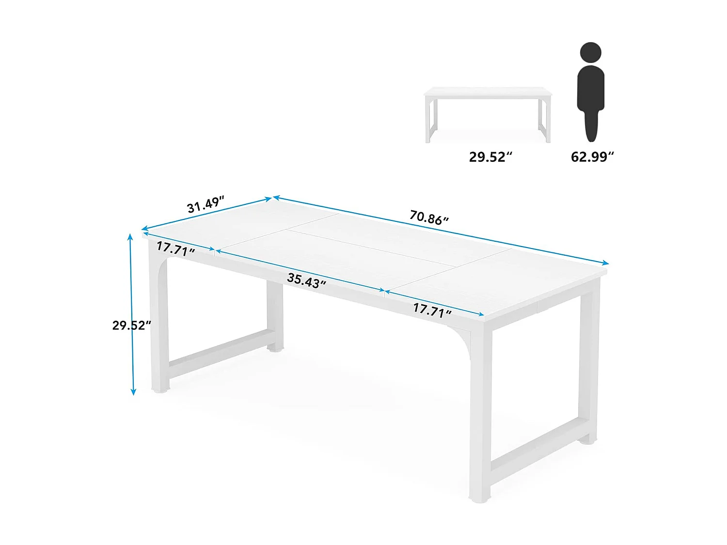 Bureau pour Ordinateur Portable,Table, Bureau d’étude pour Le télétravail, Poste de Travail pour Bureau, Chambre, Facile à Monter (Blanc, 180 x 80 x 75 cm)
