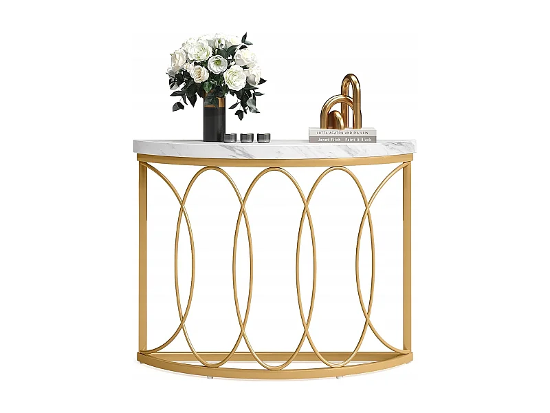 Tribesigns Gold Consoletafel, Nachtkastje, Salontafel, Haltafel met Bureau van Imitatiemarmer, Metalen Frame en Half Maanontwerp, Slanke Bijzettafel voor Woonkamer, Hal, Entree